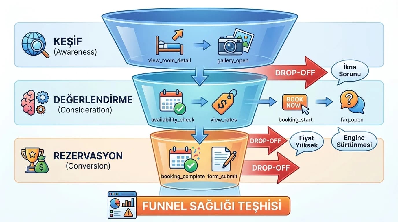 Mikro event’lerin funnel üzerindeki yerleşimini ve teşhis akışını gösteren diyagram