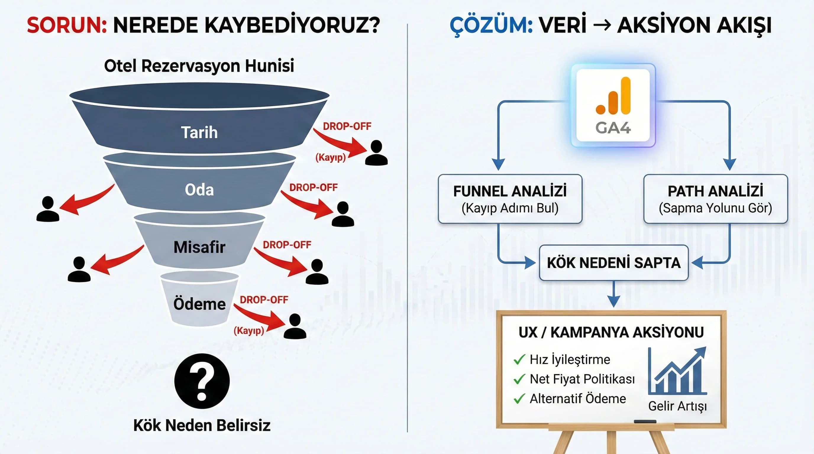 Drop-off noktalarını bulma ve veri aksiyon akışını otel bağlamında anlatan görsel