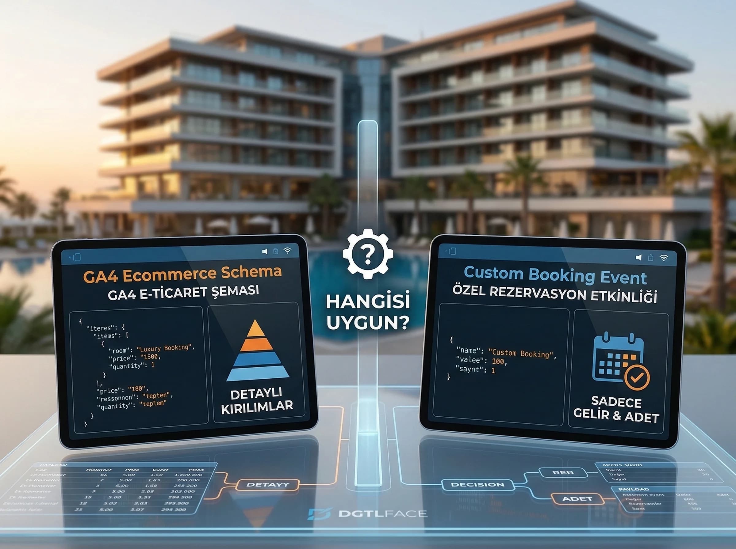 Ecommerce ve custom event karar bölümünü otel ölçümünde ayıran görsel