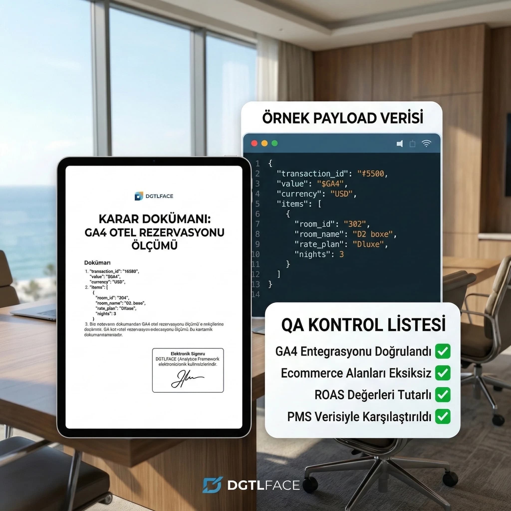 Karar dokümanı ve örnek payload çıktılarıyla otel ölçüm proof kartı