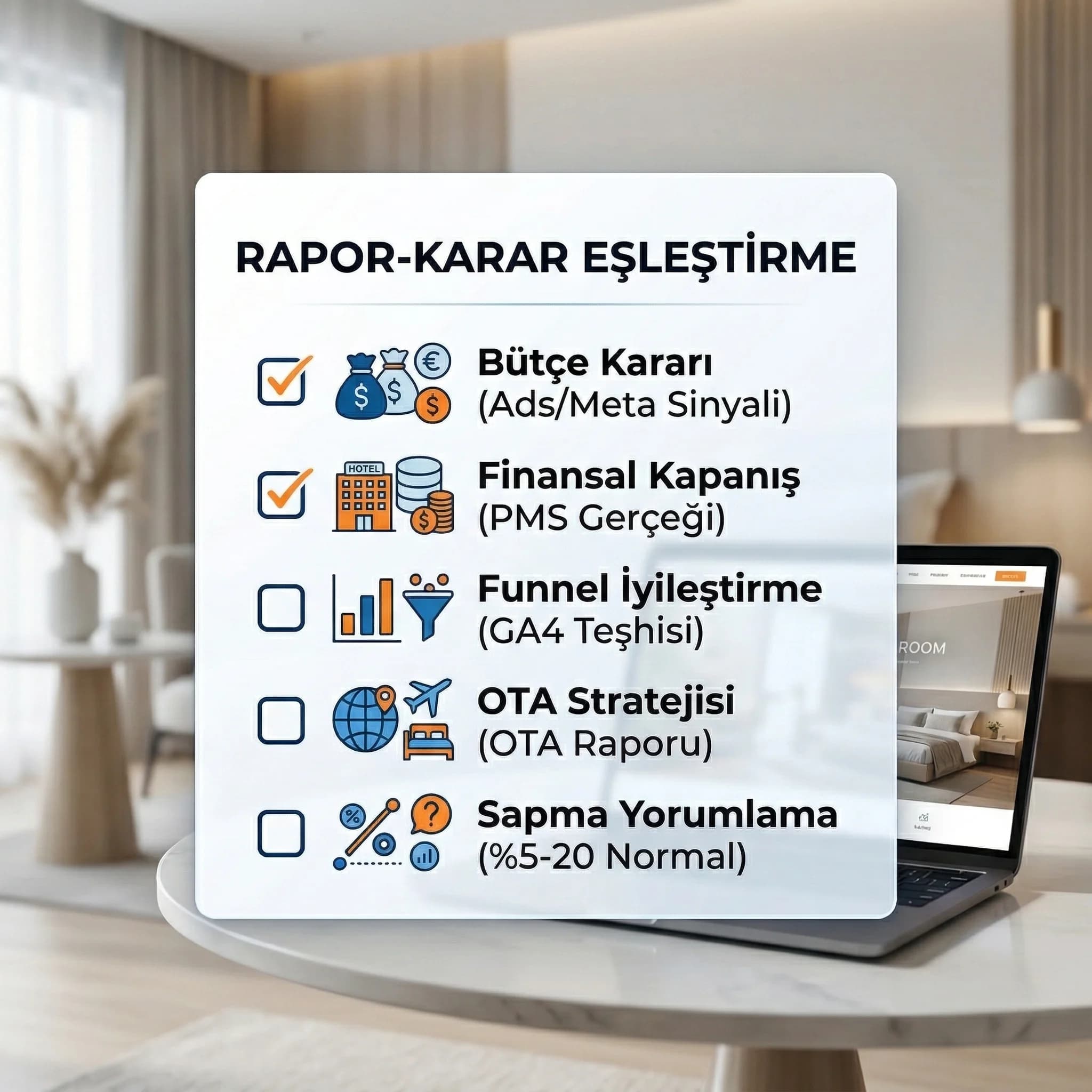 Rapor karar eşleştirme ve uzlaştırma adımlarını otel ekipleri için özetleyen kart