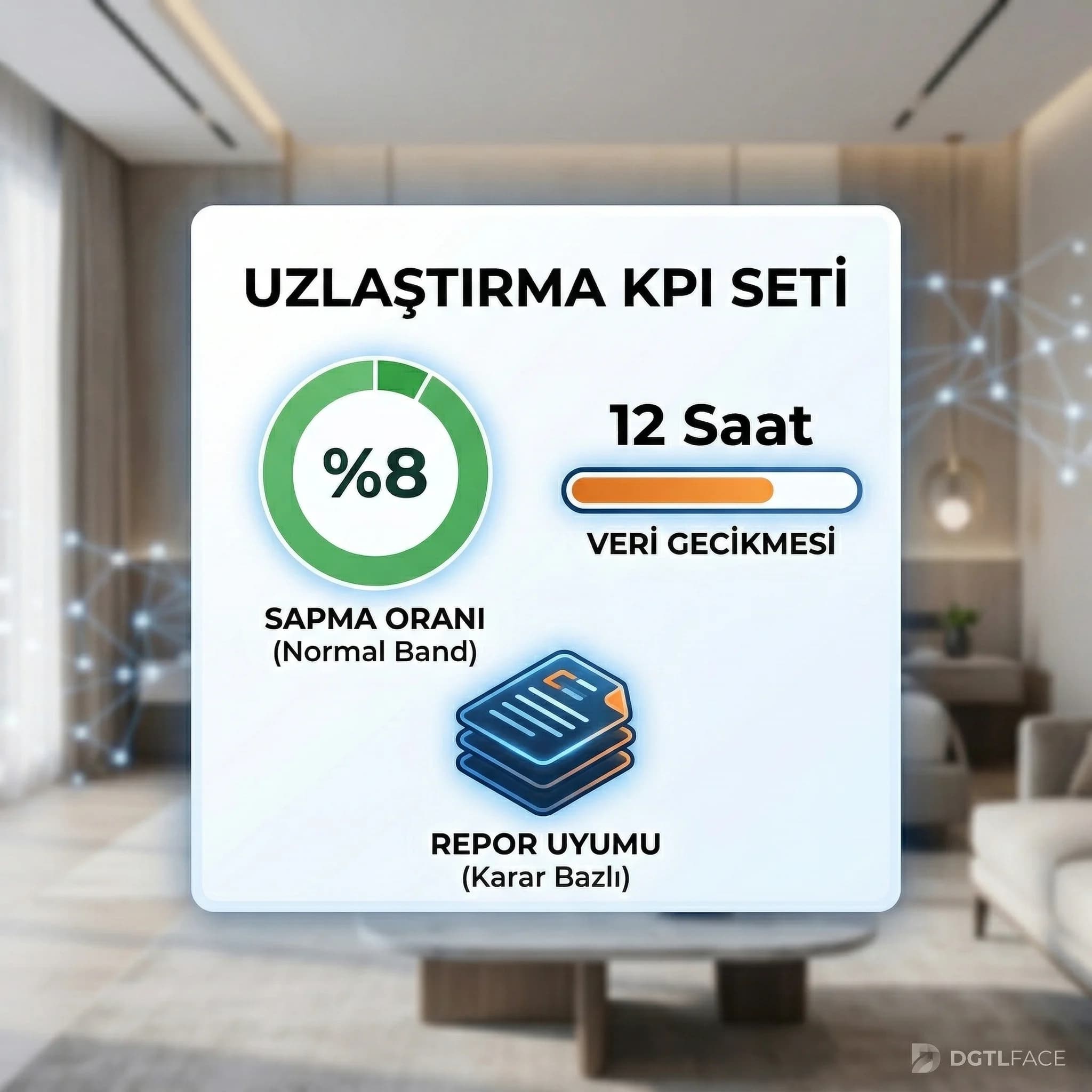 Sapma oranı veri gecikmesi ve uzlaştırma KPI’larını otel için gösteren kart