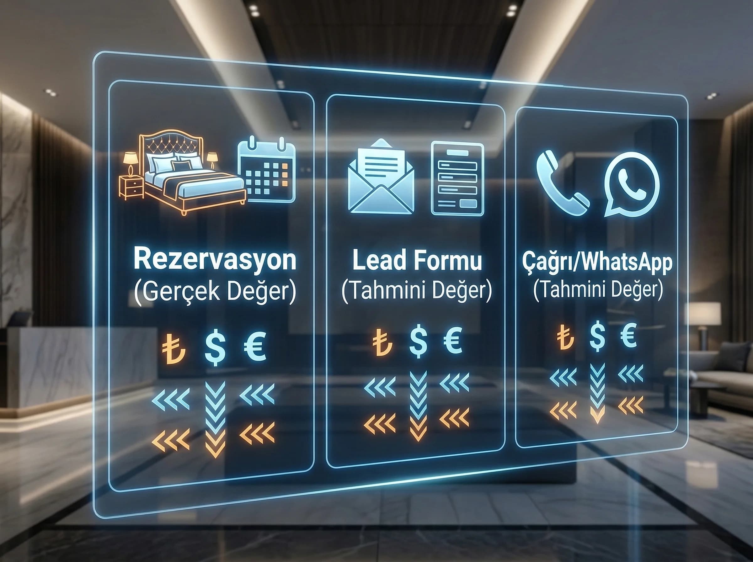 Dönüşüm türleri ve değer atama mantığını otel ölçümünde ayıran görsel