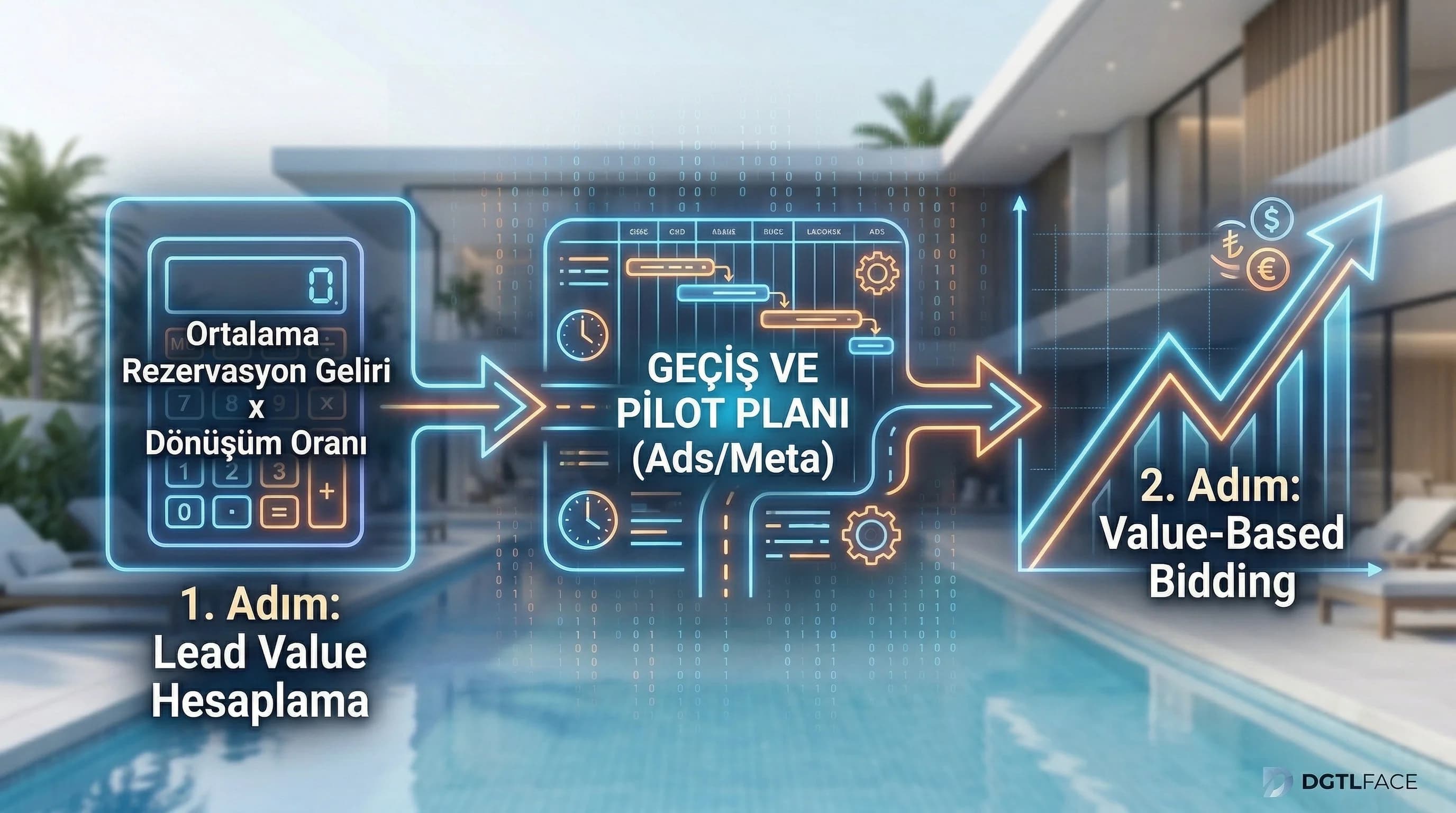 Lead value hesaplamadan value-based bidding’e geçiş akışını otel için gösteren diyagram