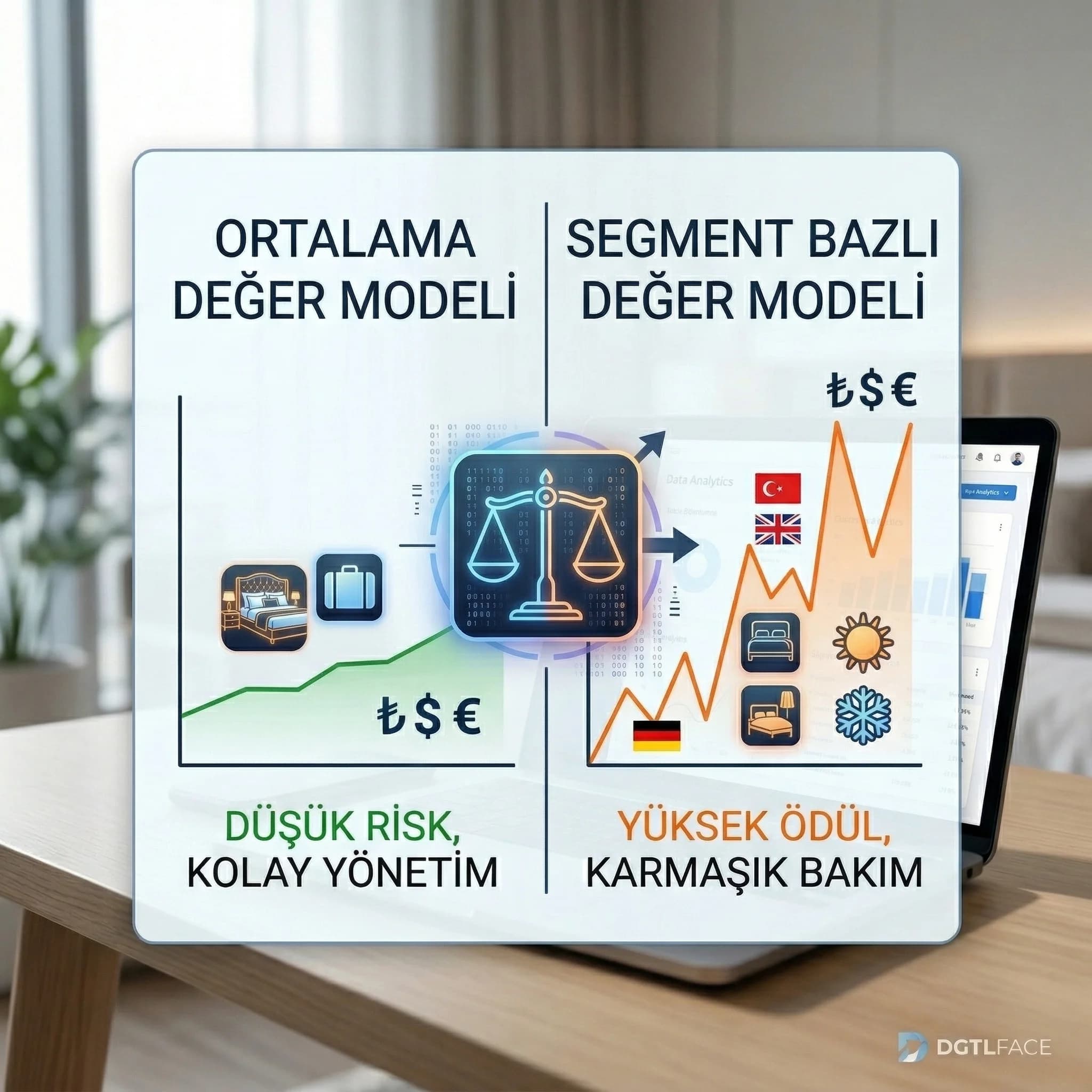 Ortalama ve segment değer modelinde risk ödül dengesini gösteren otel KPI kartı