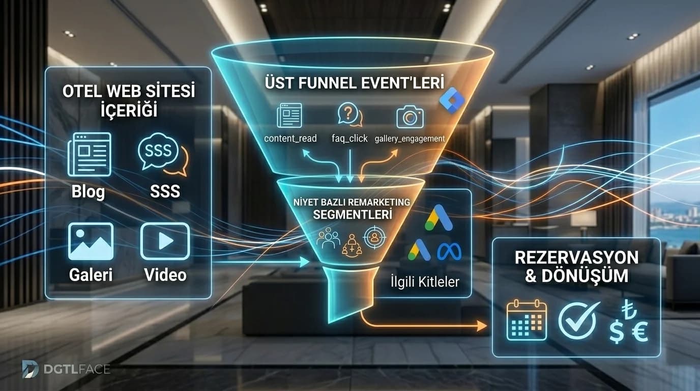 İçerik eventlerinden remarketing segmentine giden otel funnel diyagramı