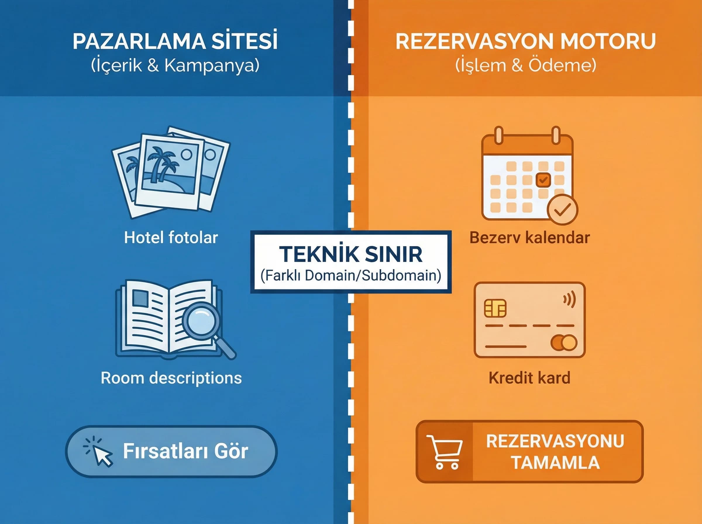 Rezervasyon motoru ayrımı ve ölçüm sınırlarını otel bağlamında ayıran bölüm görseli