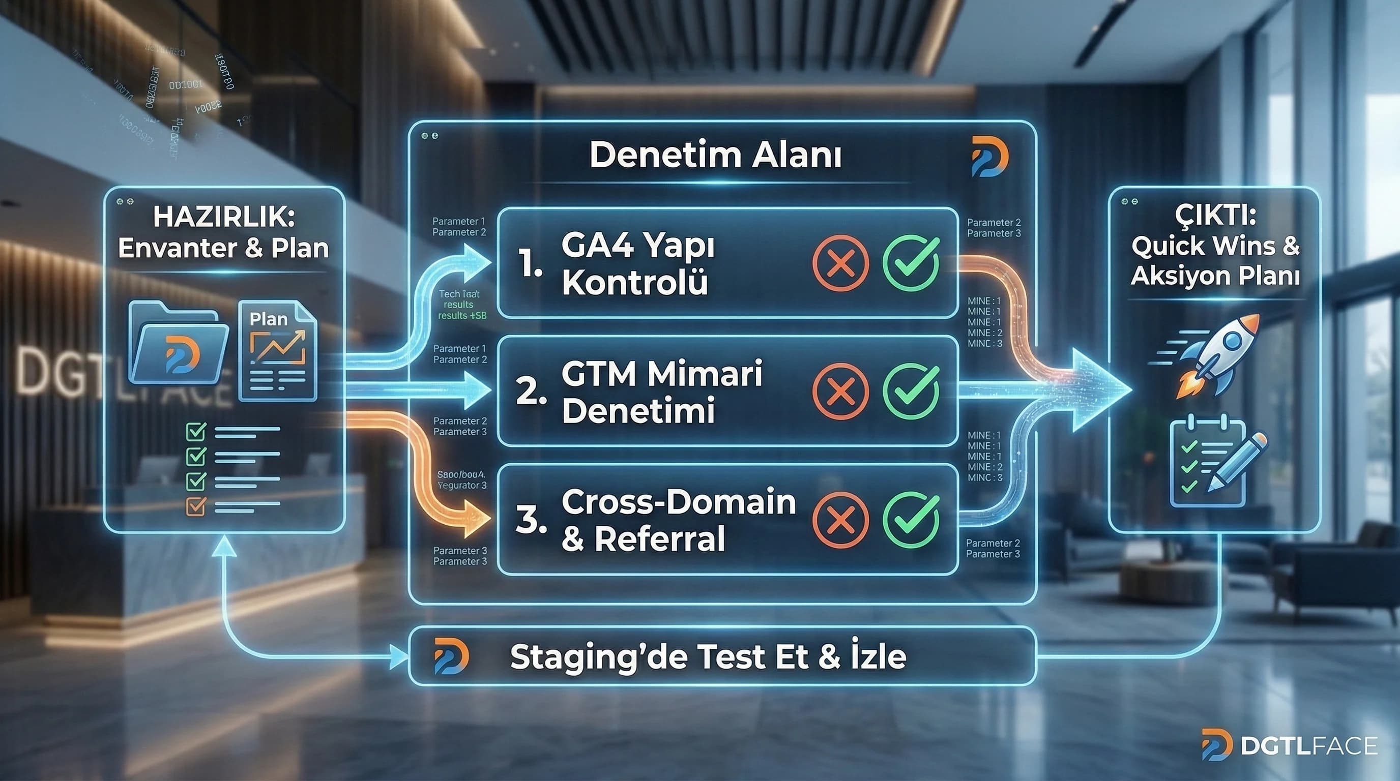 GA4 GTM audit akışını envanterden aksiyon planına otel için gösteren diyagram