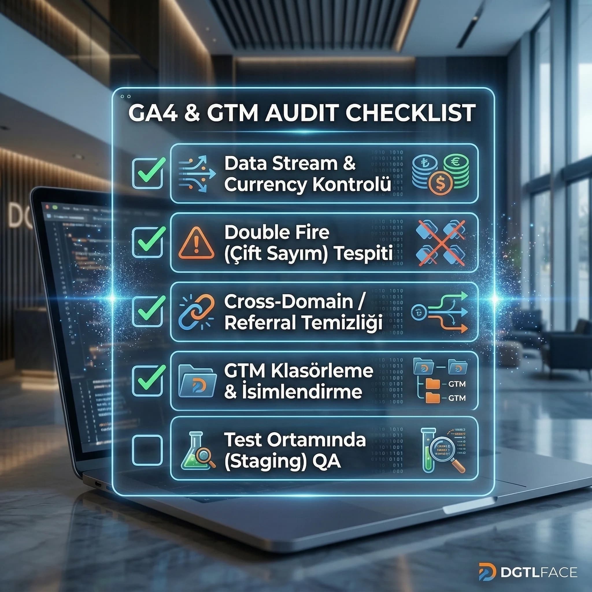 Dönüşüm audit checklist ve quick wins adımlarını otel için özetleyen kart