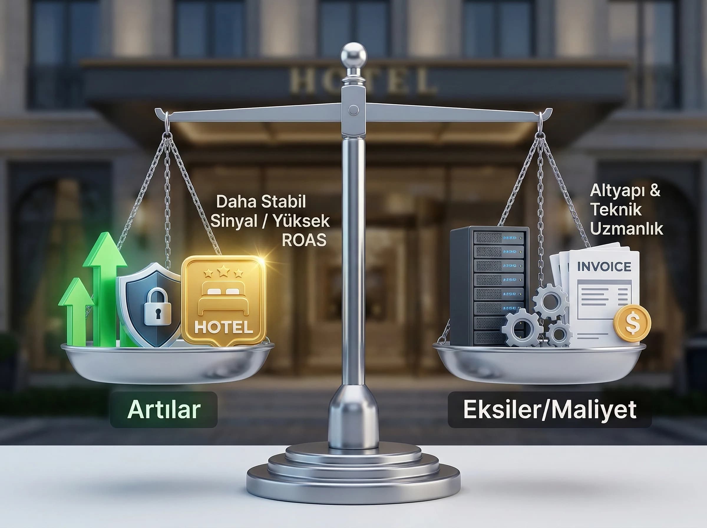 Otel için artı eksi ve maliyet bakışını ayıran bölüm görseli
