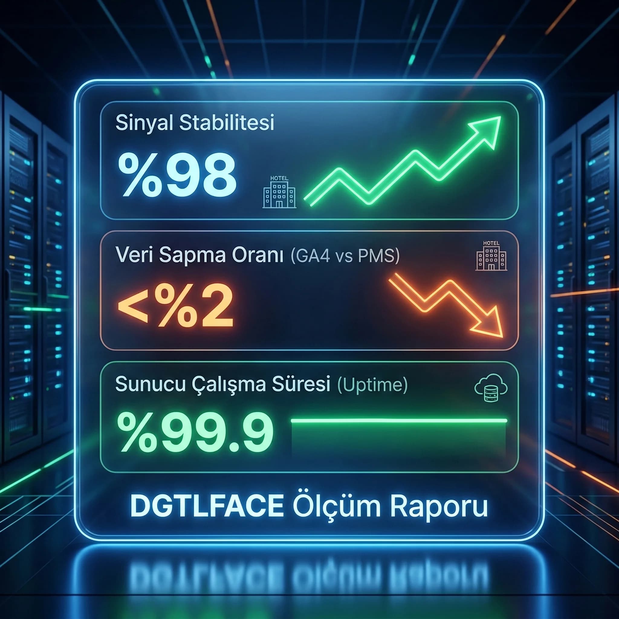 Sinyal stabilitesi ve sapma KPI’larını otel ölçümü için gösteren skor kartı