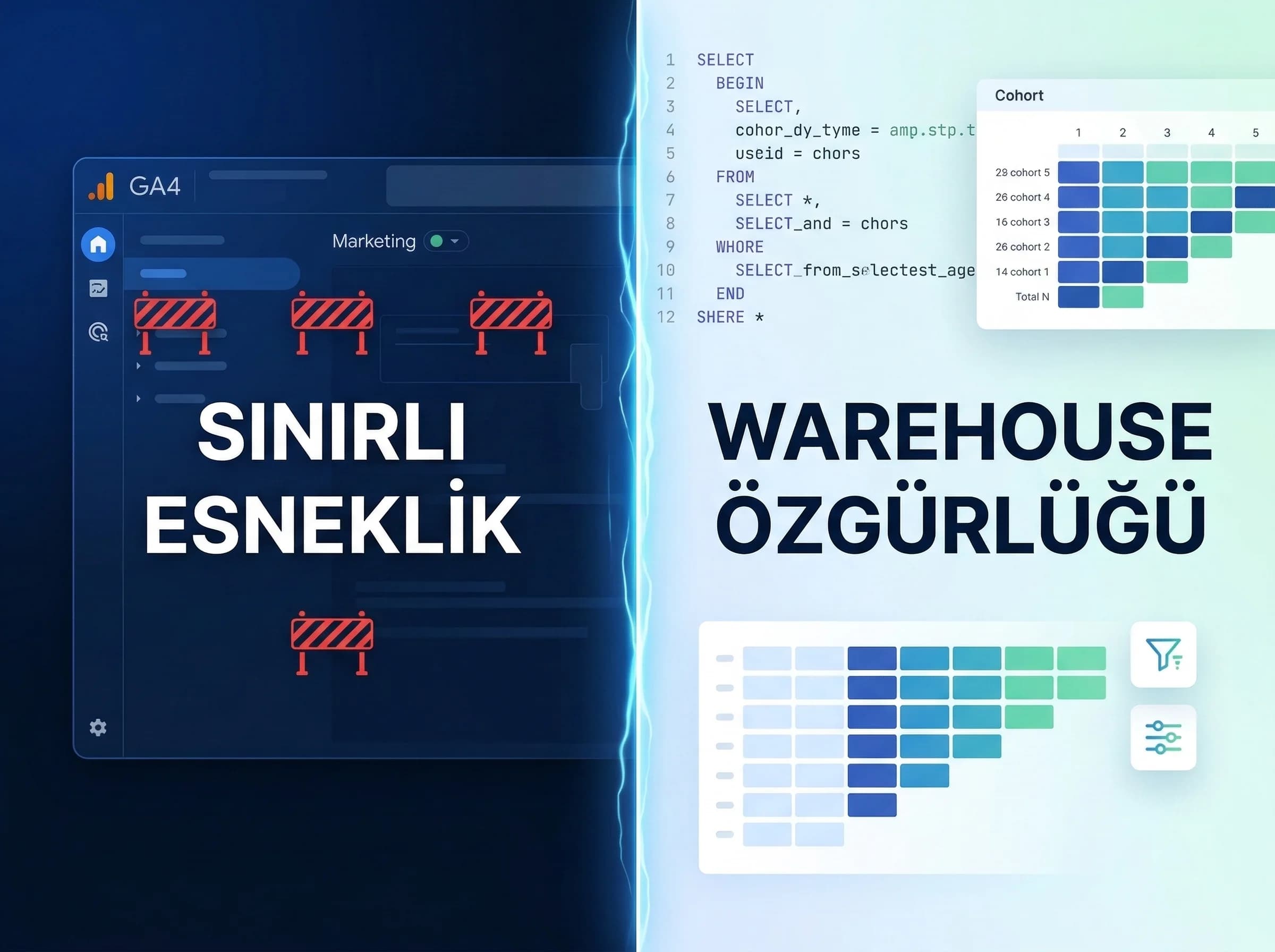 GA4 arayüz sınırları ve warehouse faydalarını otel bağlamında ayıran görsel