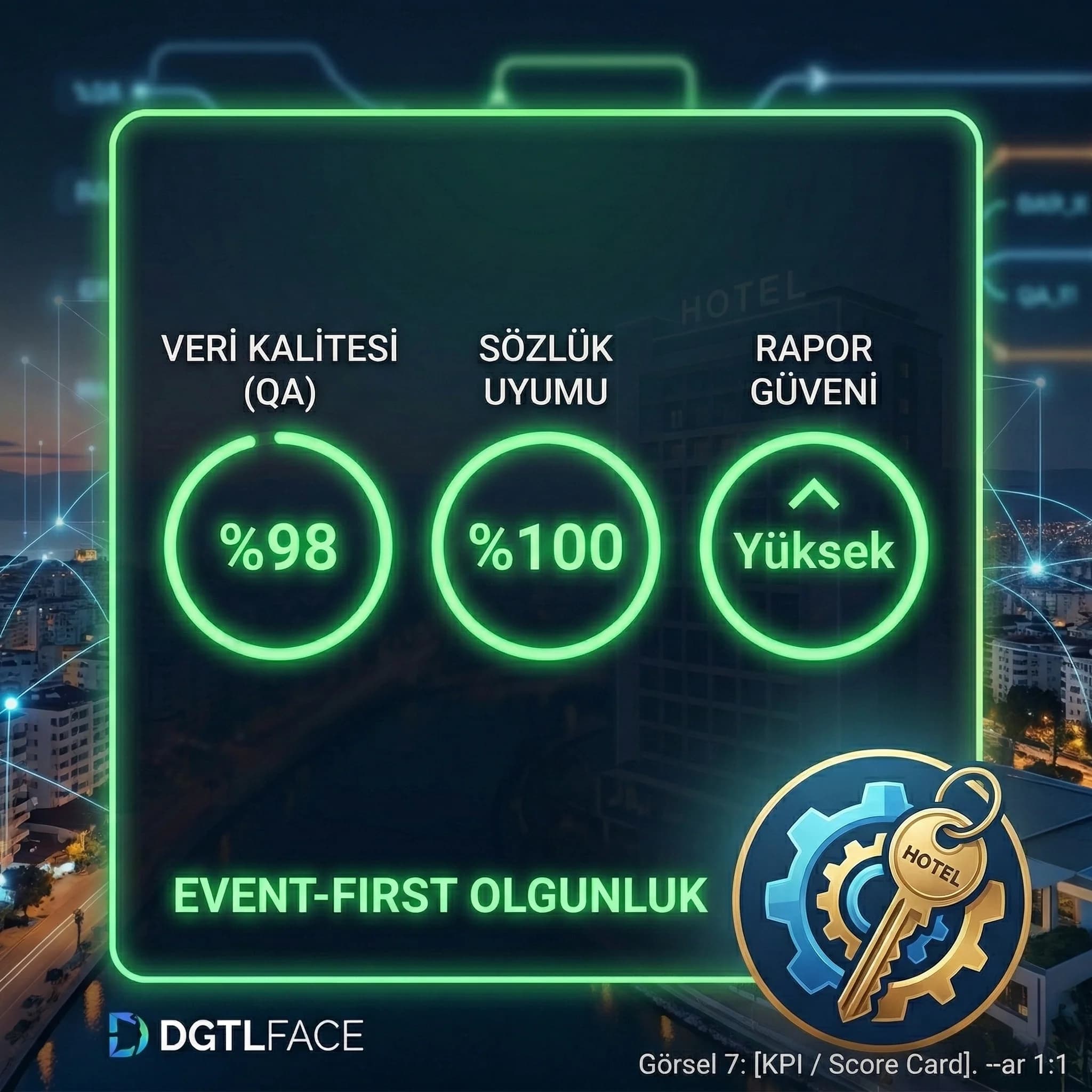 Event-first olgunluk KPI’larını ve rapor güvenini otel için gösteren kart