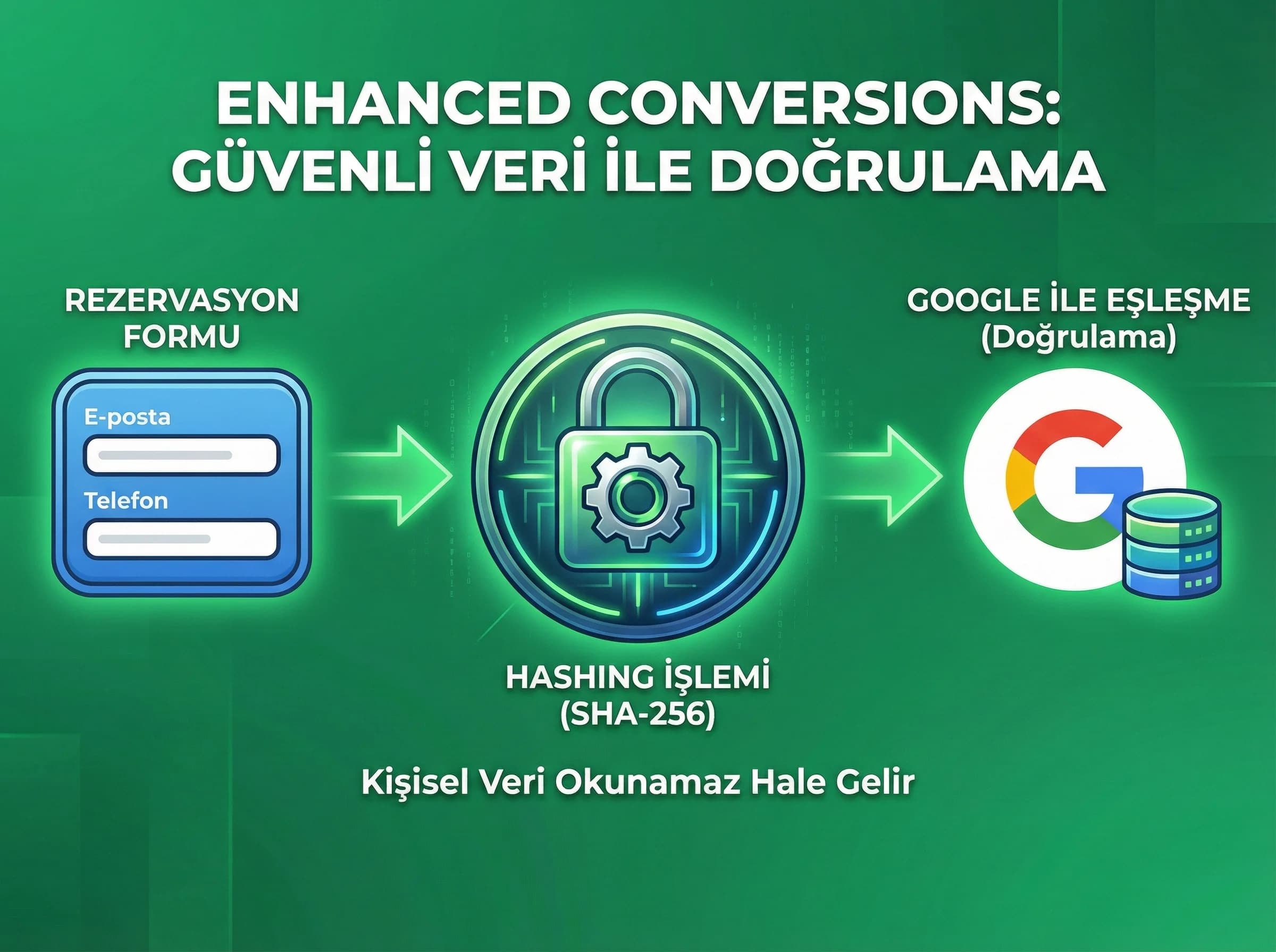 Enhanced conversions ve veri doğrulama mantığını otel dönüşümleri için ayıran bölüm görseli