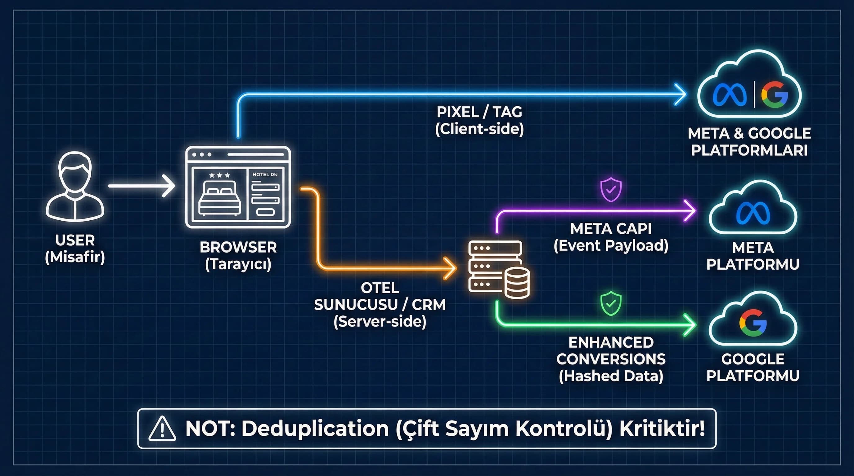 Browser server platform akışını CAPI ve enhanced conversions ile otel için gösteren diyagram