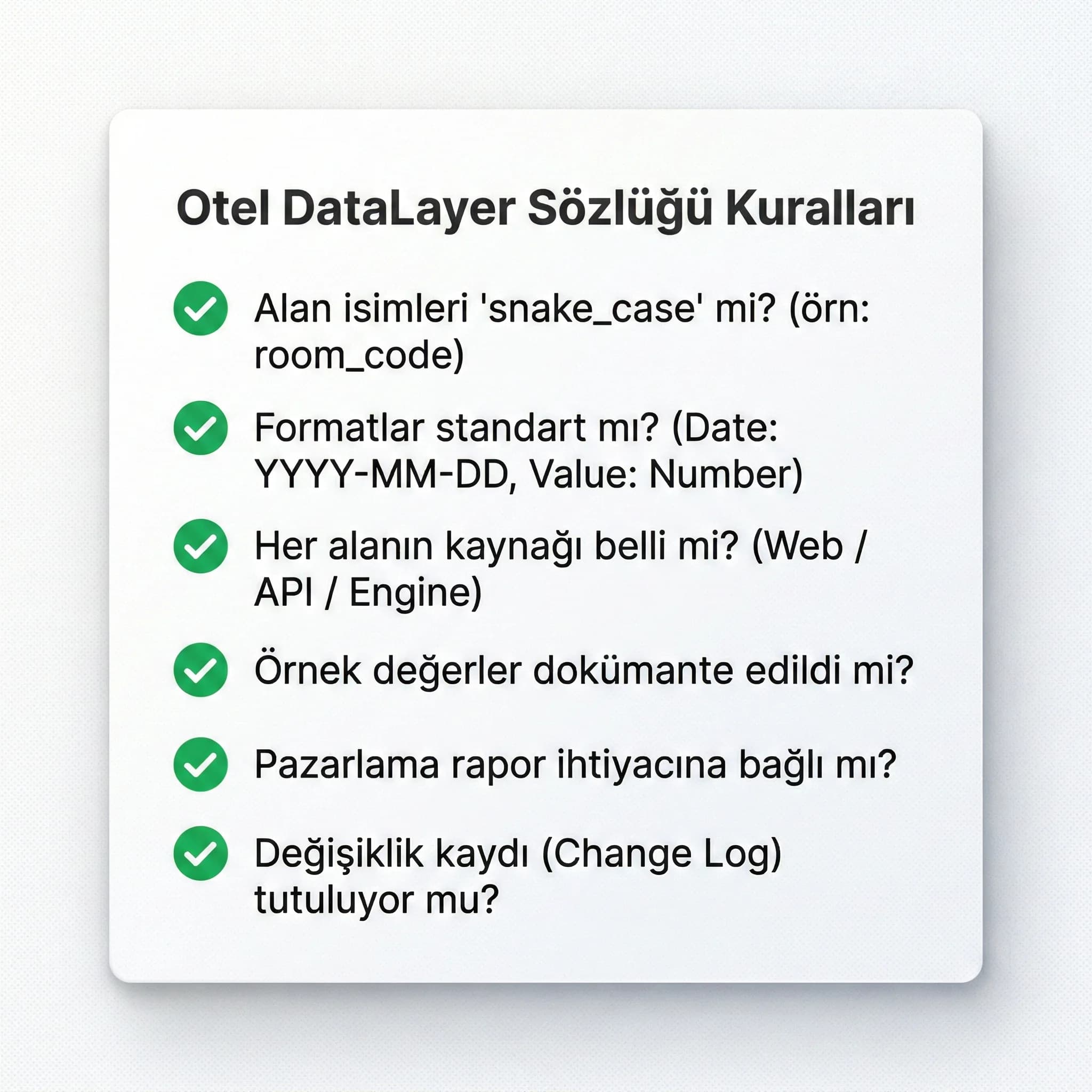 Otel dataLayer sözlüğü kurallarını pratik checklist olarak özetleyen kart
