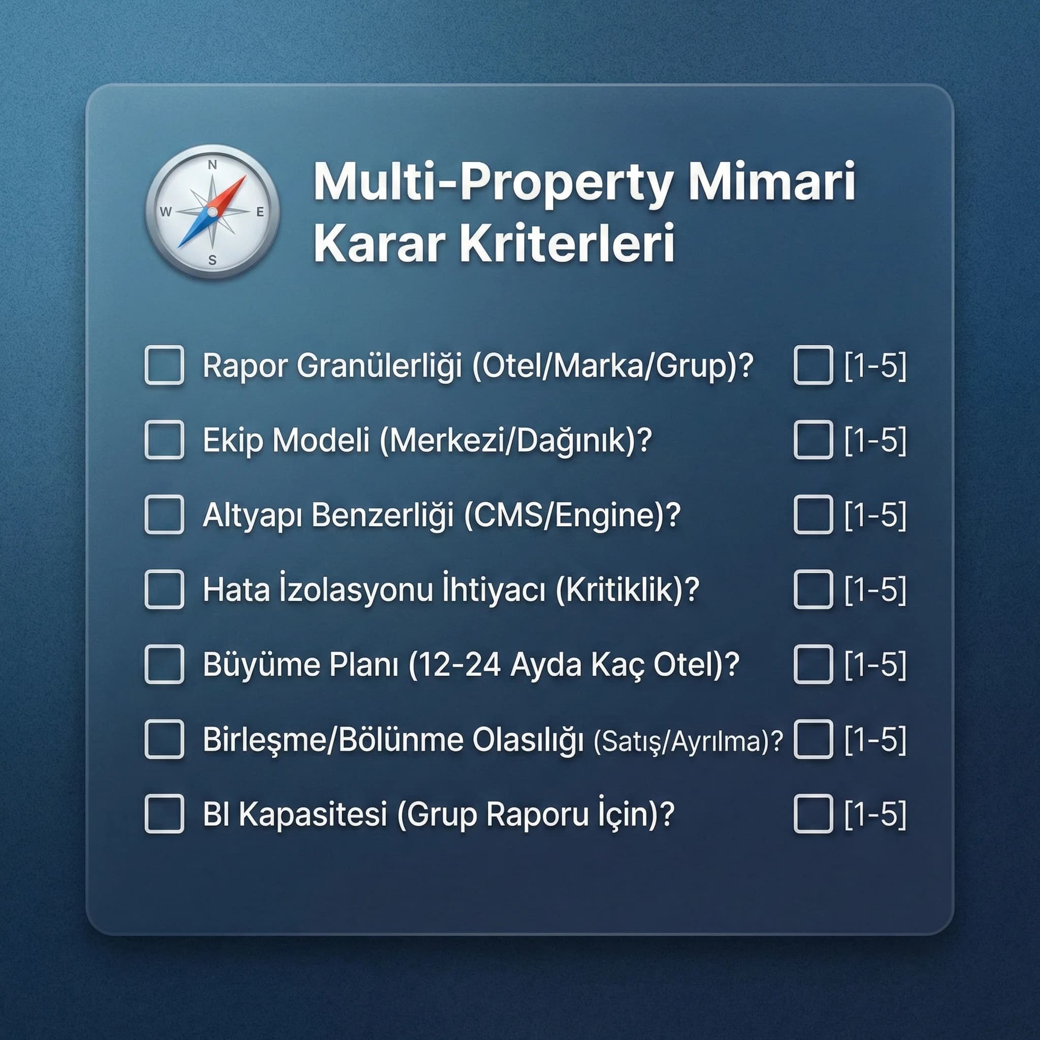 GA4 GTM mimari karar kriterlerini otel grupları için özetleyen checklist kartı