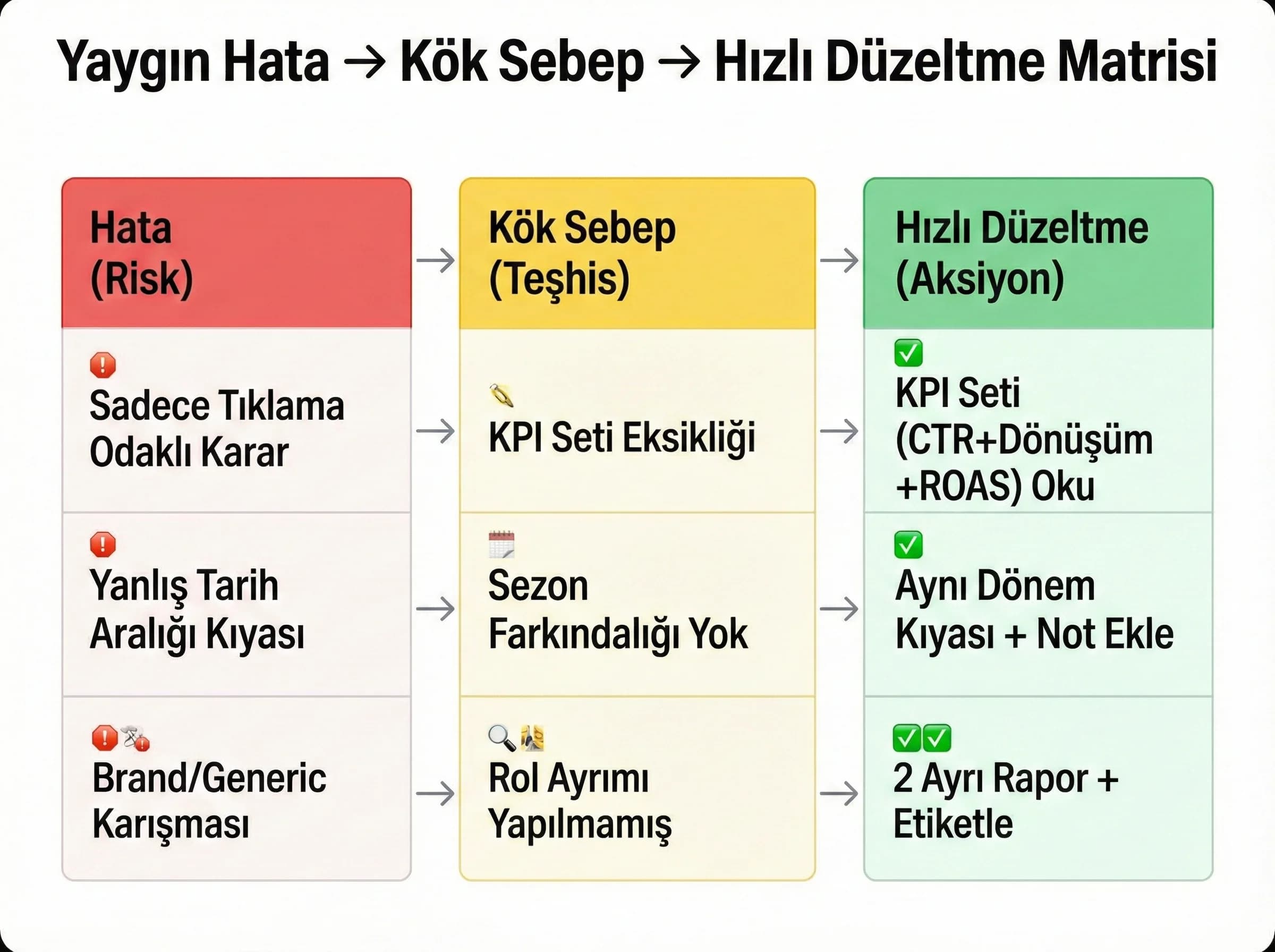 Hata sebep çözüm tablosu, otel reklam raporunu hızlı düzeltir