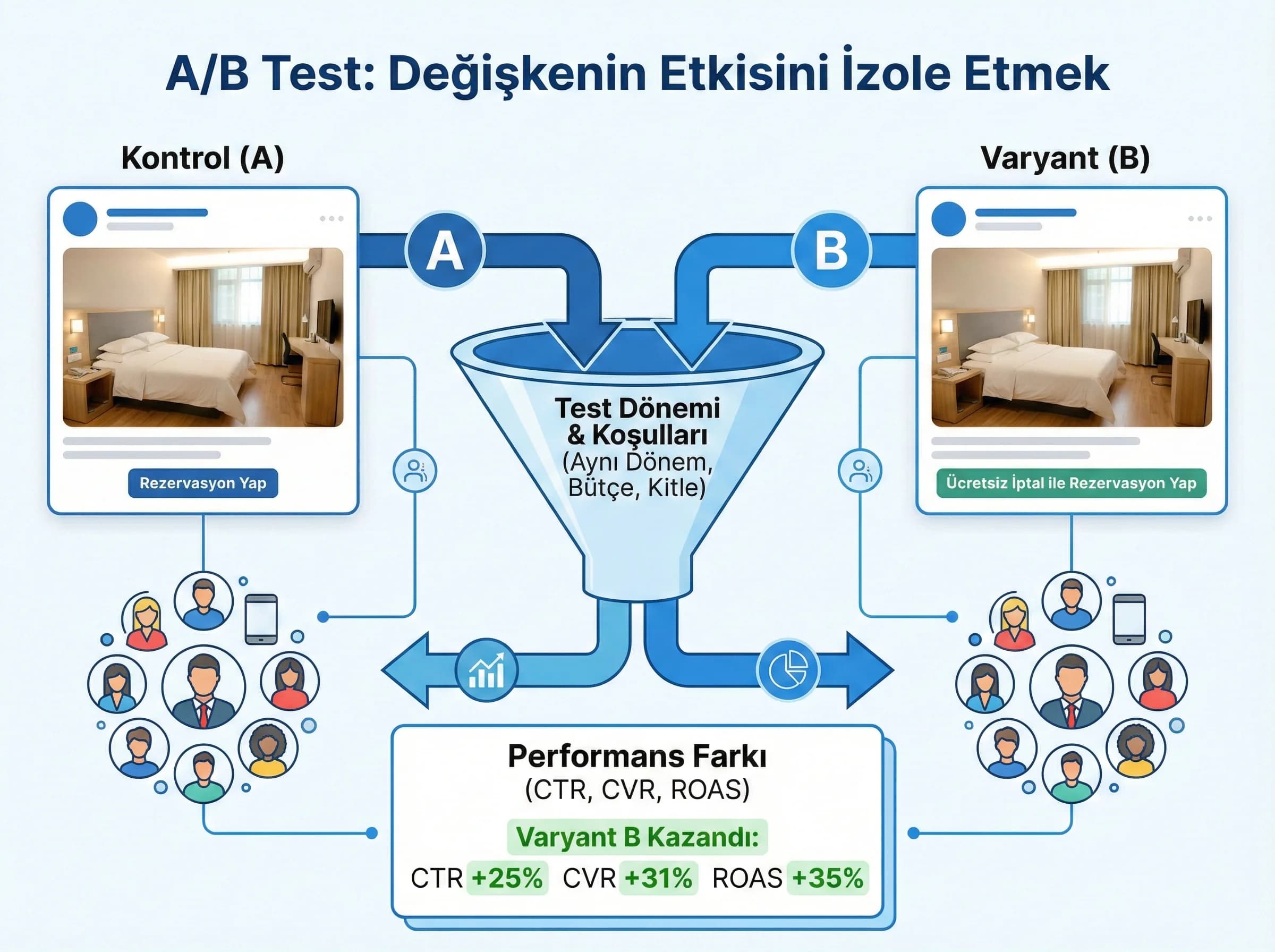 A/B test temeli, otel reklamlarında değişken etkisini izole eder
