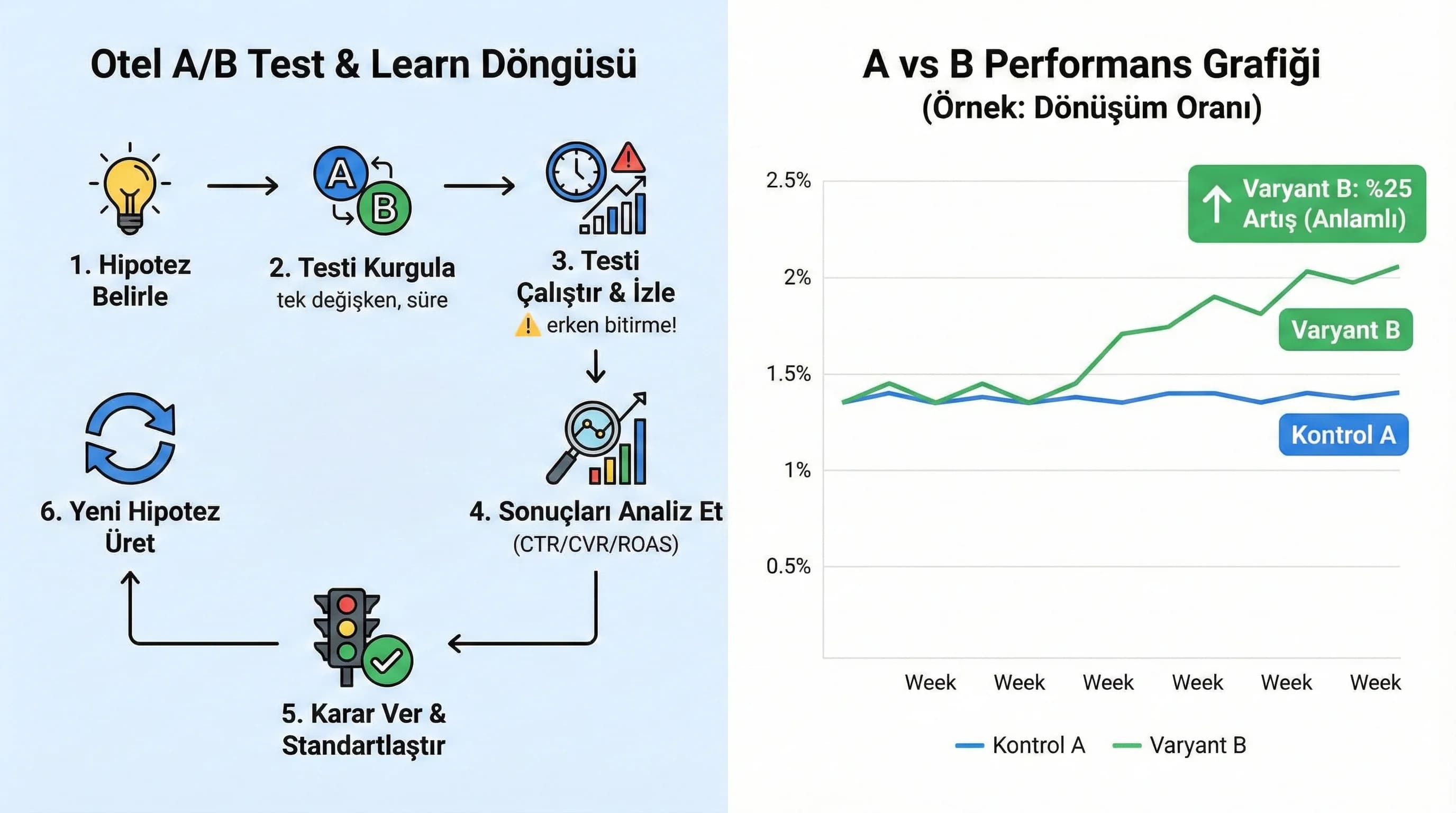 Test akışı ve A/B grafiği, otel kampanyalarında farkı görselleştirir