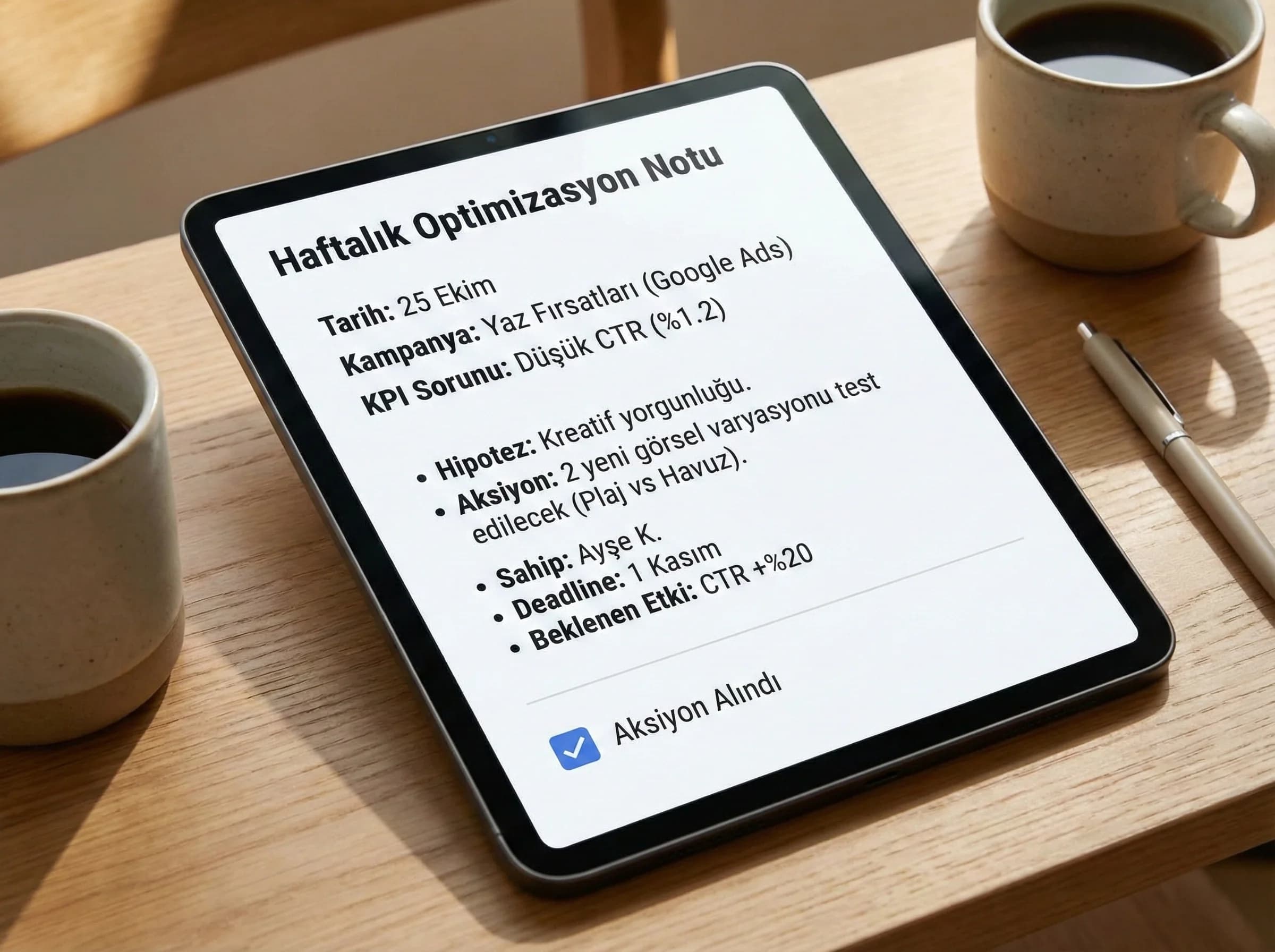 Haftalık optimizasyon notu örneği, KPI değişimini aksiyonla ilişkilendirir