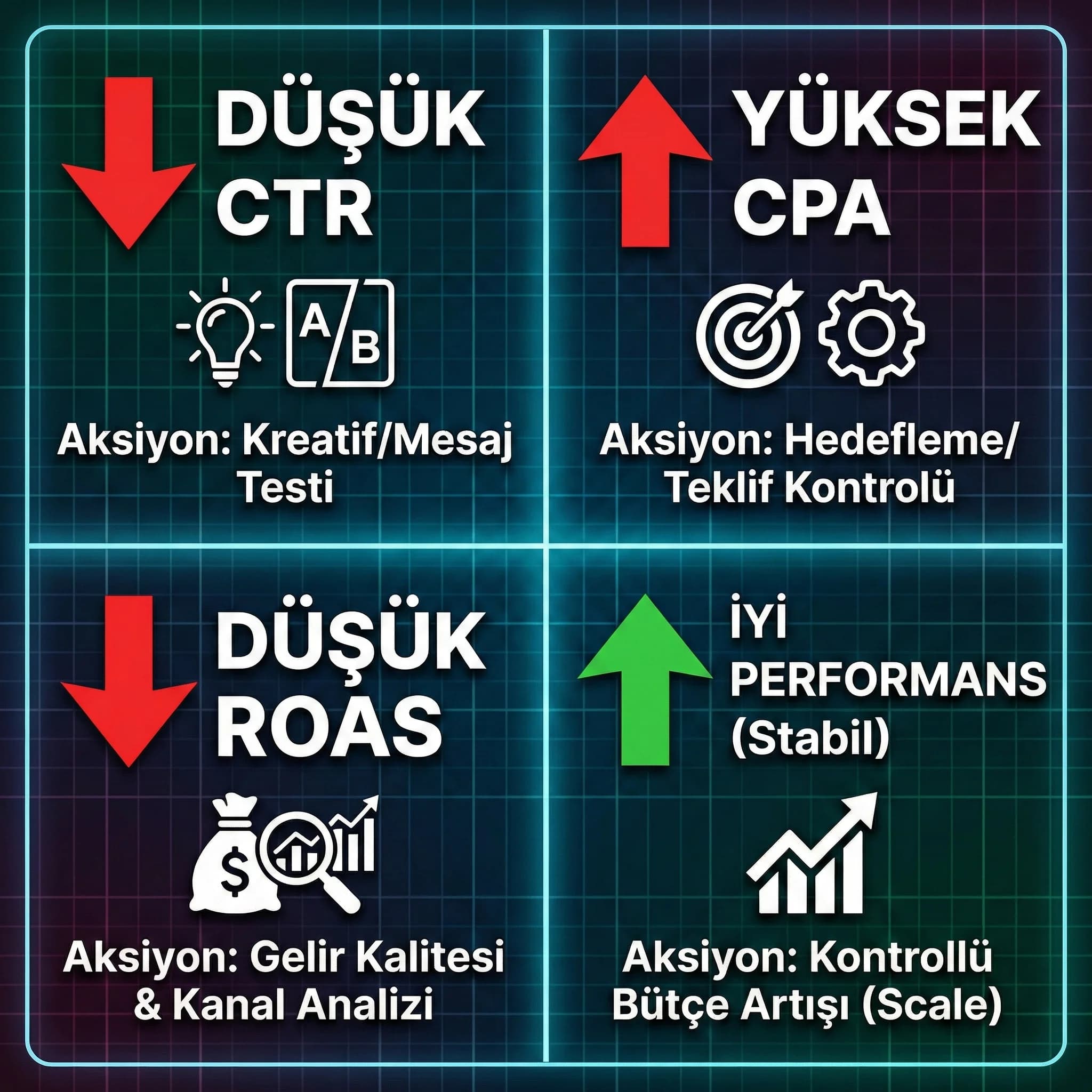 KPI aksiyon kartları, hangi sinyalin hangi kararı tetiklediğini özetler