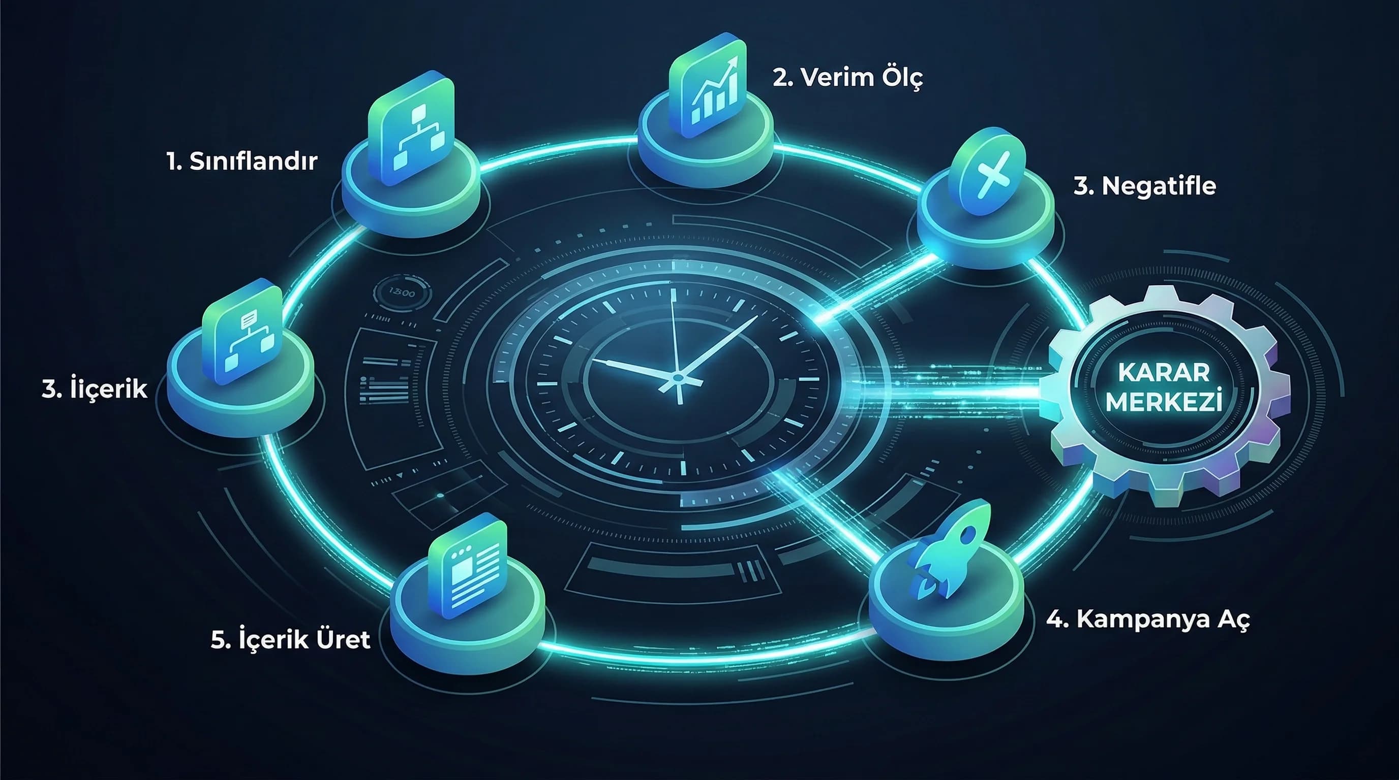 Sorgu aksiyon şeması, otel search terms raporunu karar sistemine çevirir