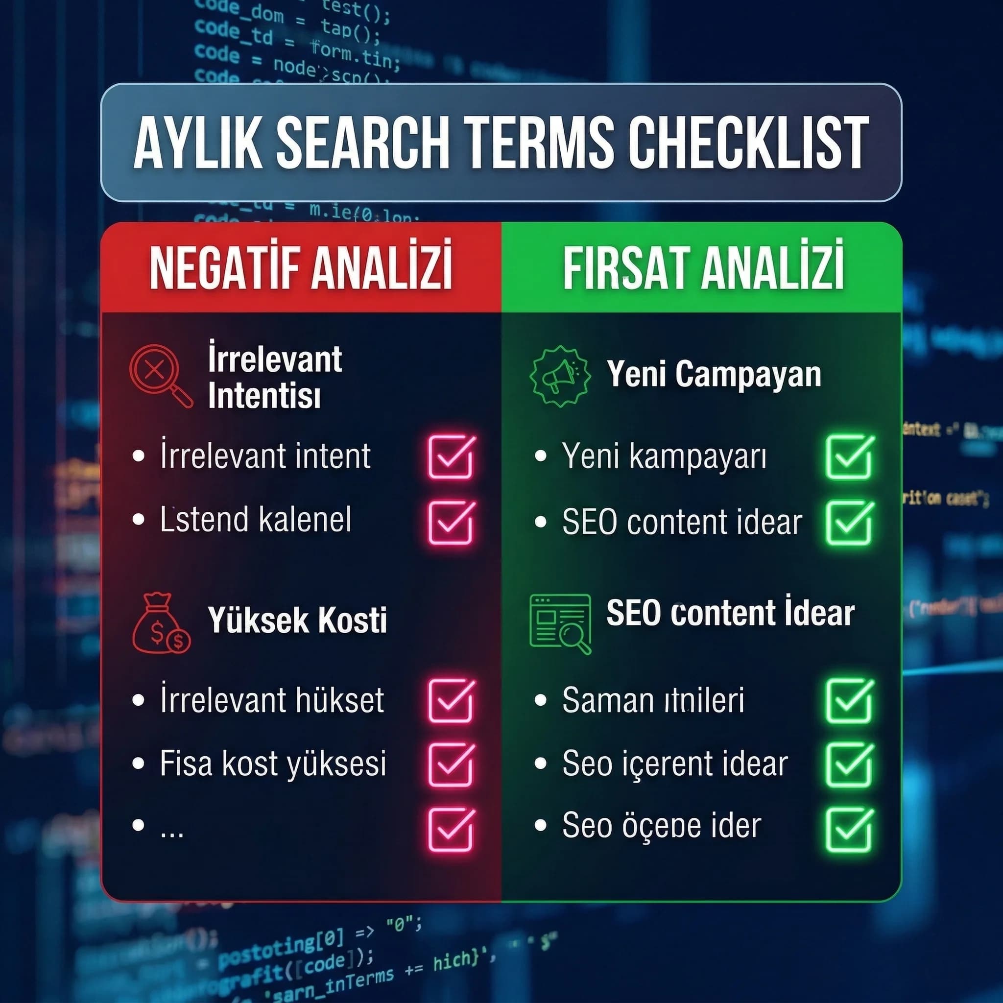 Aylık search terms checklist’i, negatif ve fırsat analizini standardize eder