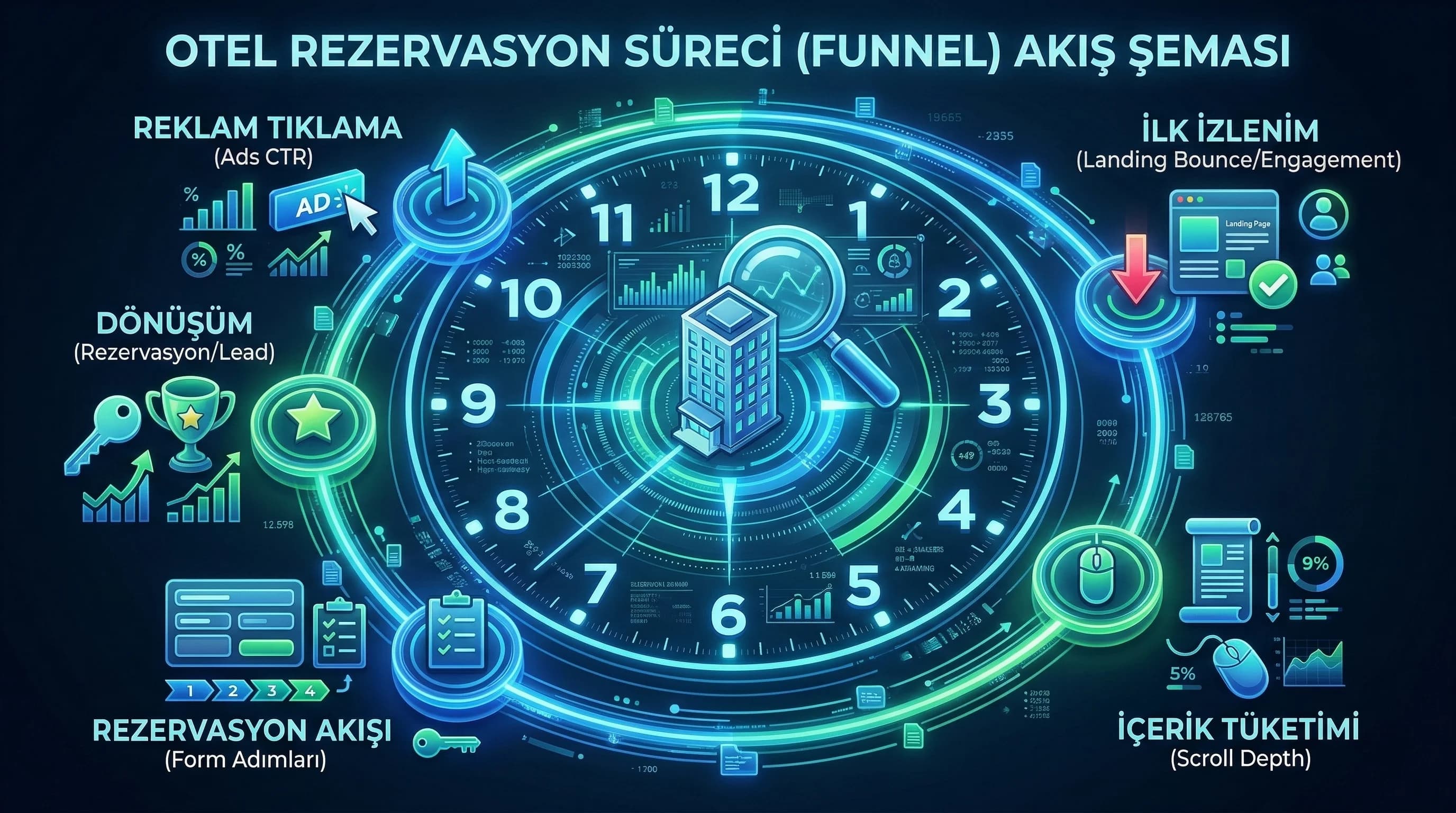 Reklam ve landing KPI funnelı, otel dönüşüm sorununu görselleştirir