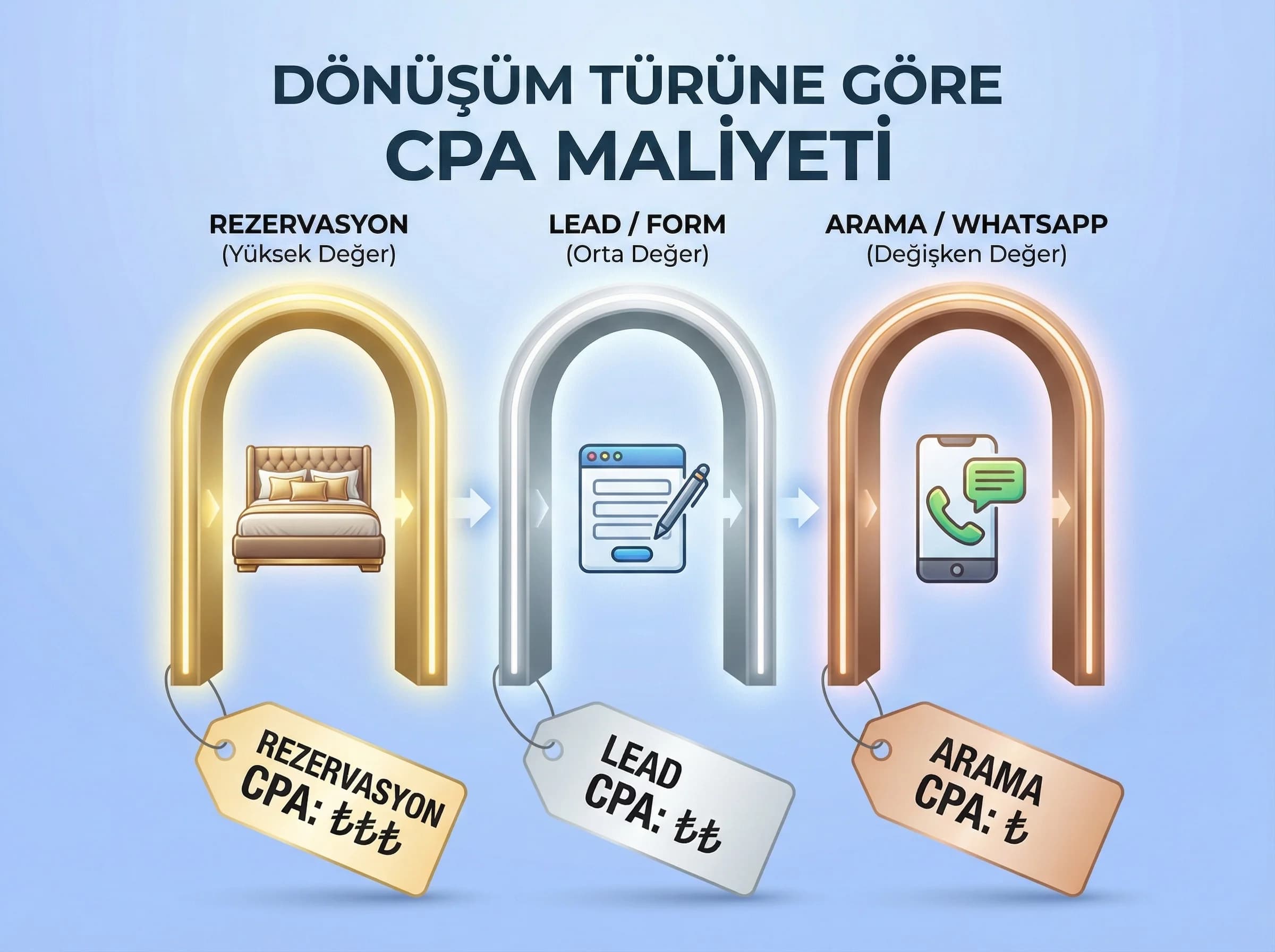 CPA hesaplama mantığı, otel dönüşüm maliyetini doğru sınıflandırır