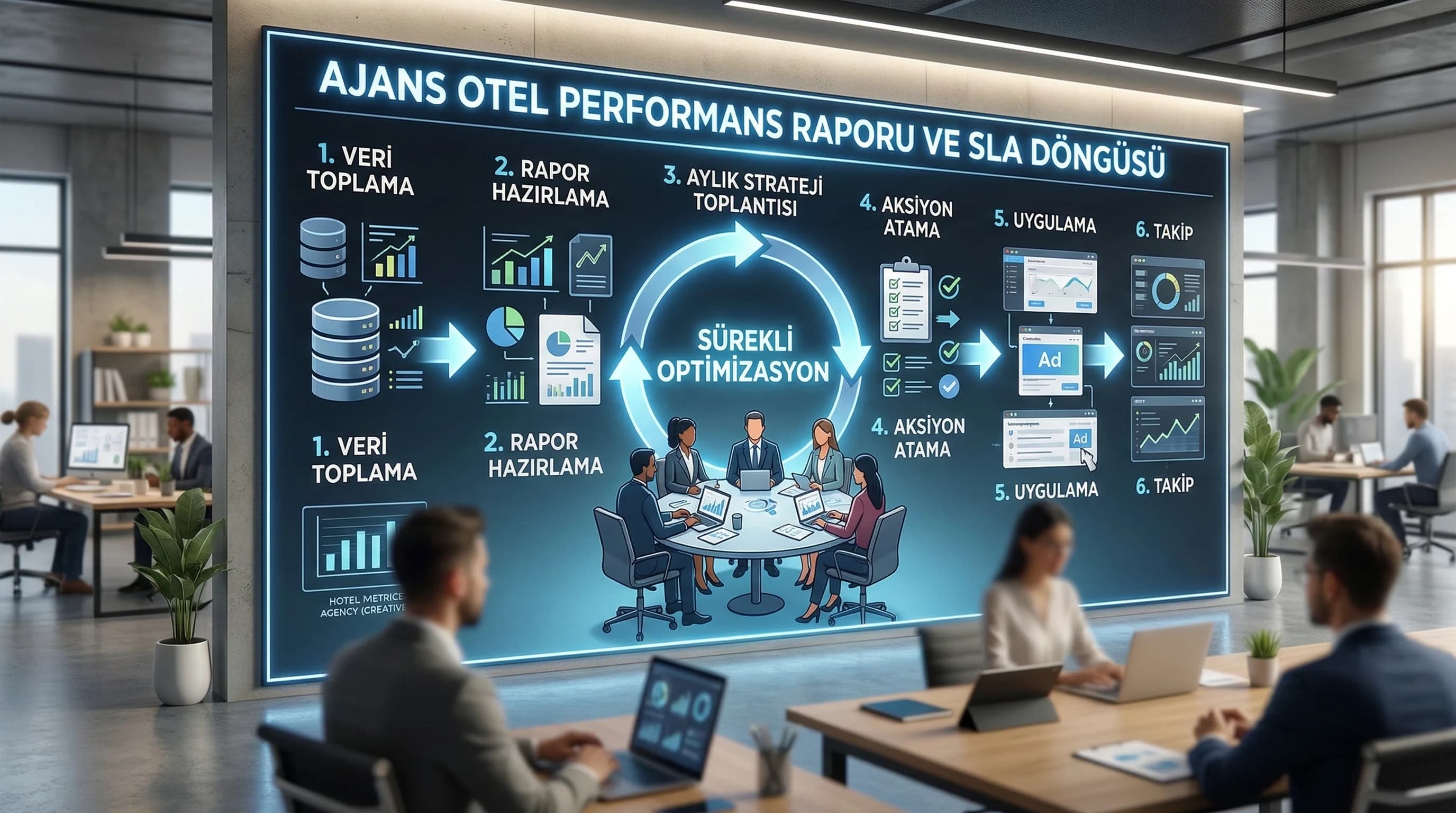 Ajans otel rapor akışı, aylık toplantı ve aksiyon döngüsünü gösterir