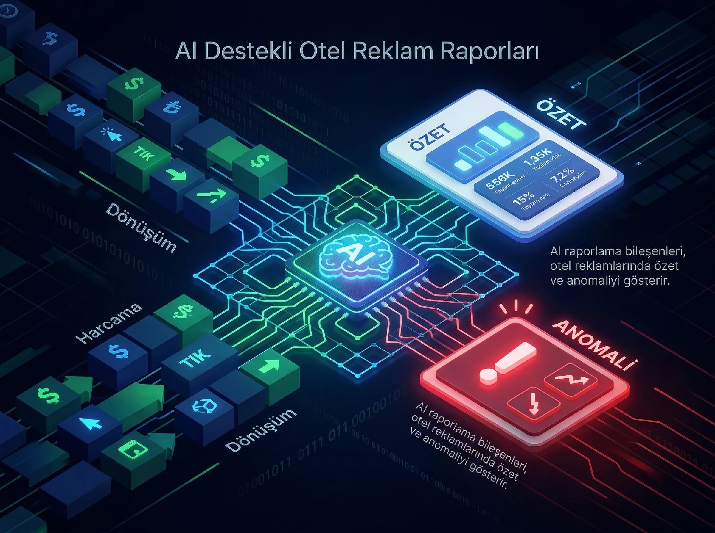 AI raporlama bileşenleri, otel reklamlarında özet ve anomaliyi gösterir