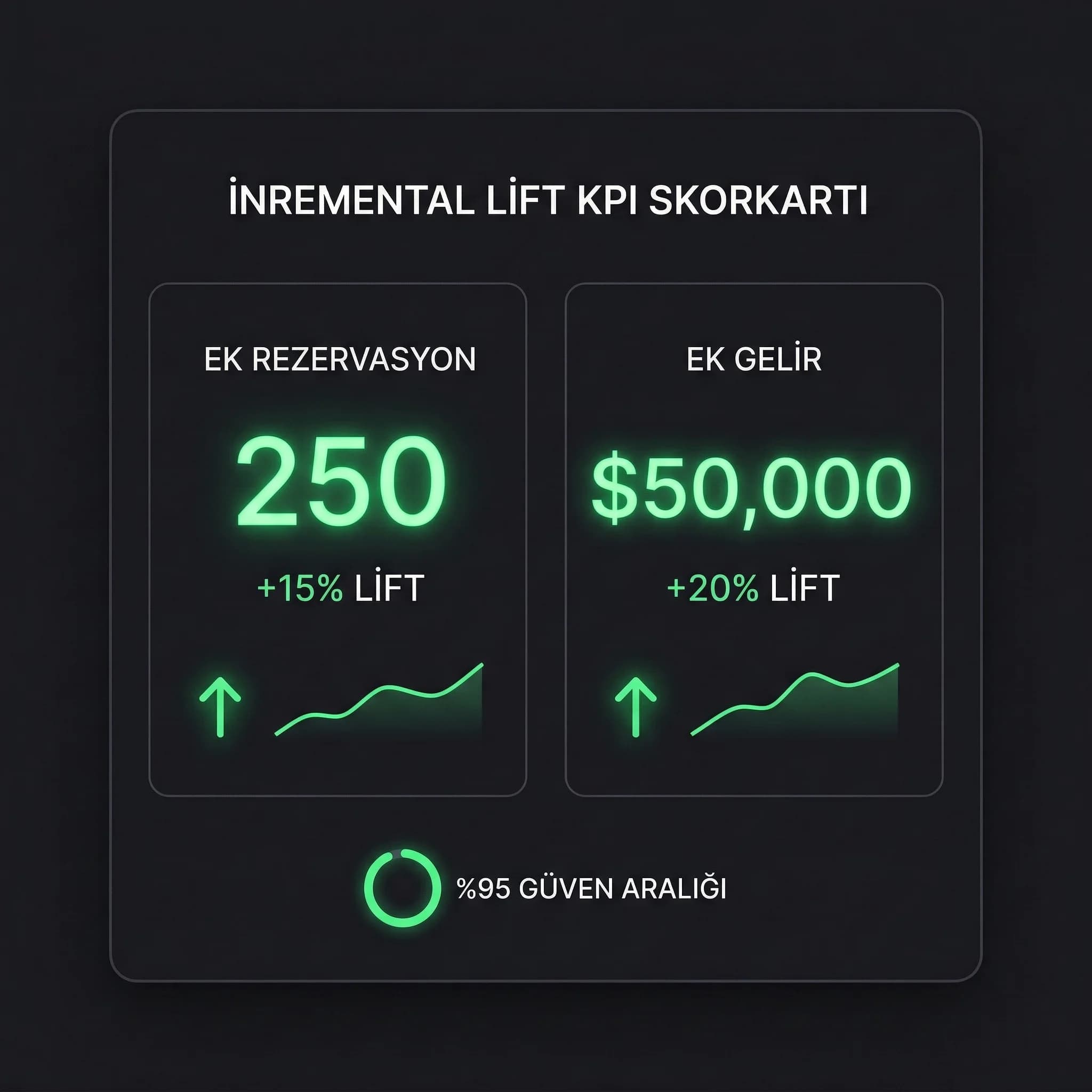 Lift KPI kartı, ek rezervasyon ve gelir etkisini hızlı özetler