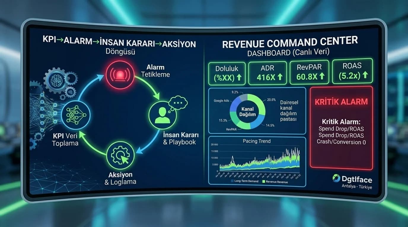 Komuta merkezi akışı, KPI alarm insan kararı ve aksiyon döngüsünü görselleştirir