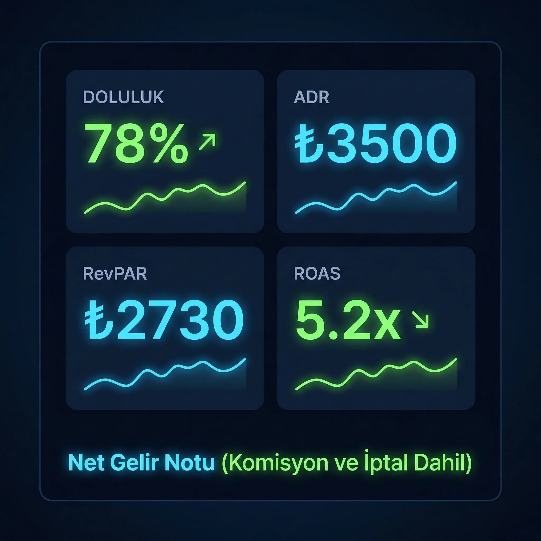 Komuta KPI kartı, doluluk ADR RevPAR ROAS ve kanal karmasını özetler