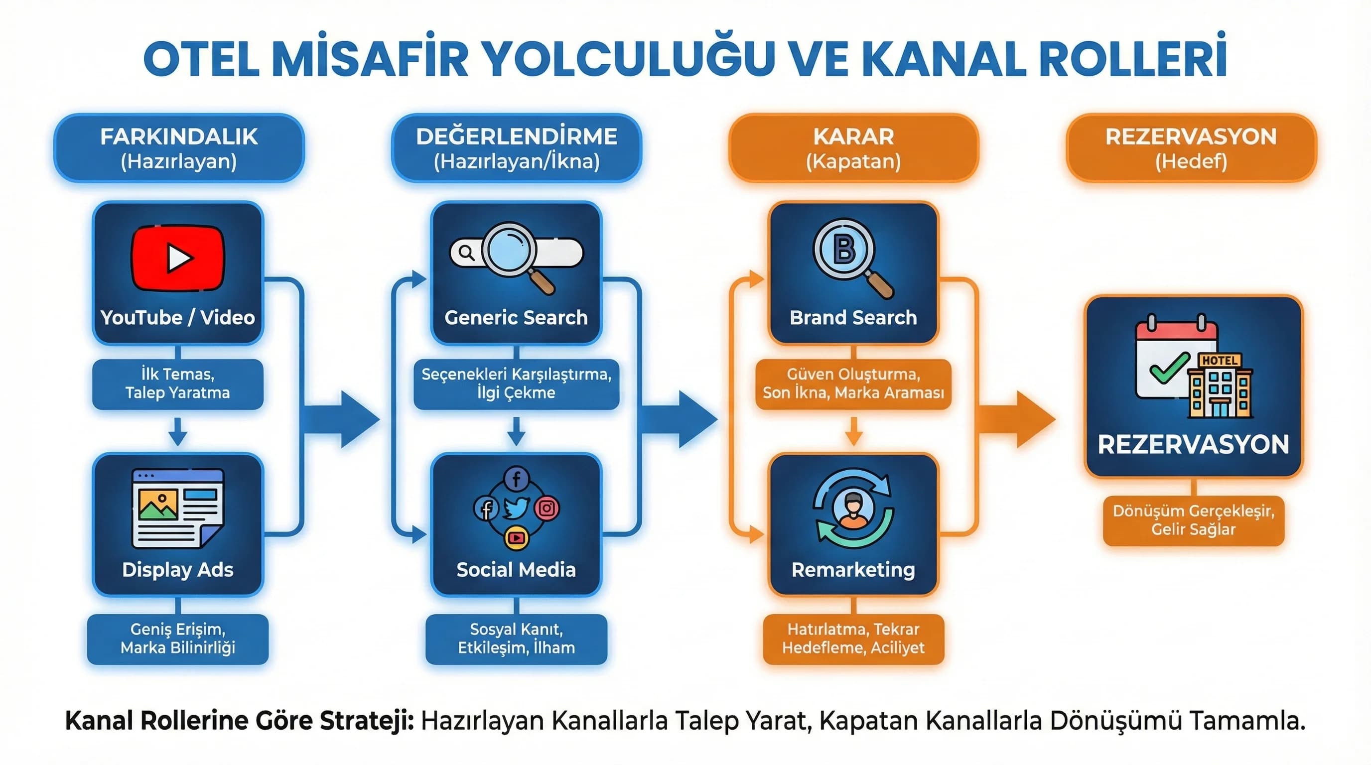 Misafir yolculuğu diyagramı, otel funnel’ında kanal katkısını netleştirir