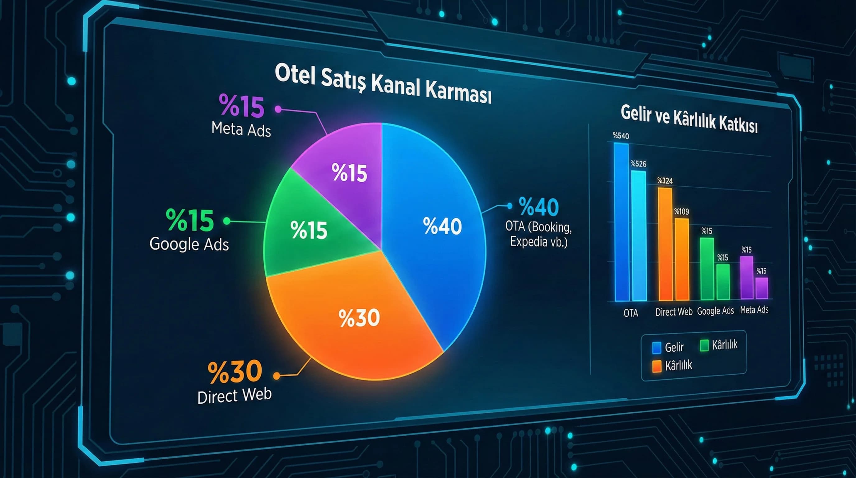 Kanal karması grafiği, otel satış dağılımını görselleştirir