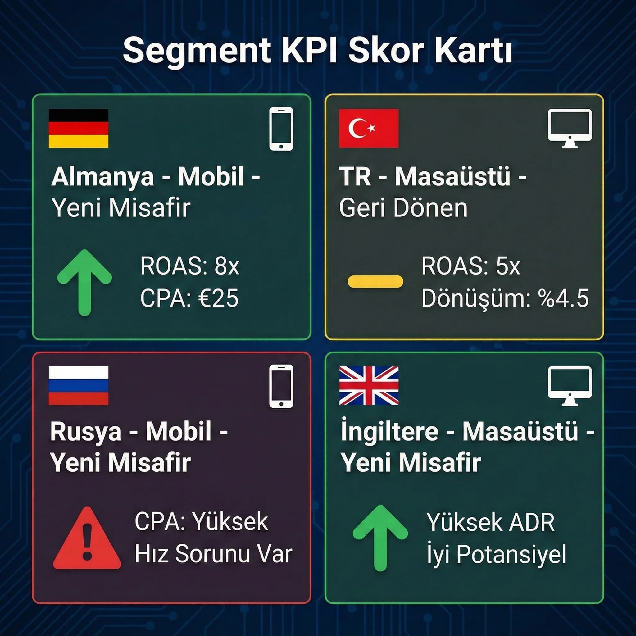 Segment KPI kartları, ülke cihaz yeni geri dönen performansını özetler