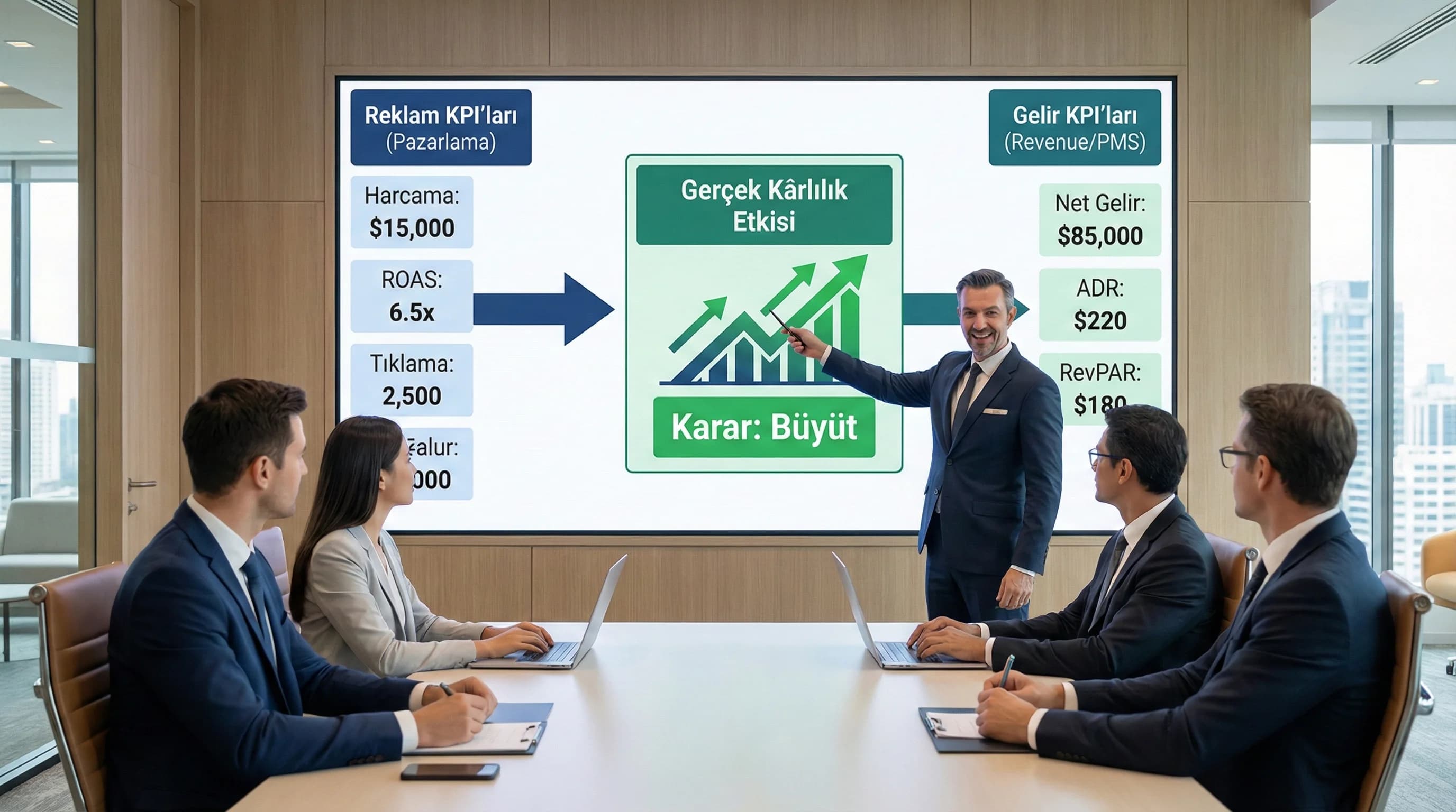 Reklam KPI’ları ile PMS gelir RevPAR birleşimi, yönetim için tek panel sağlar