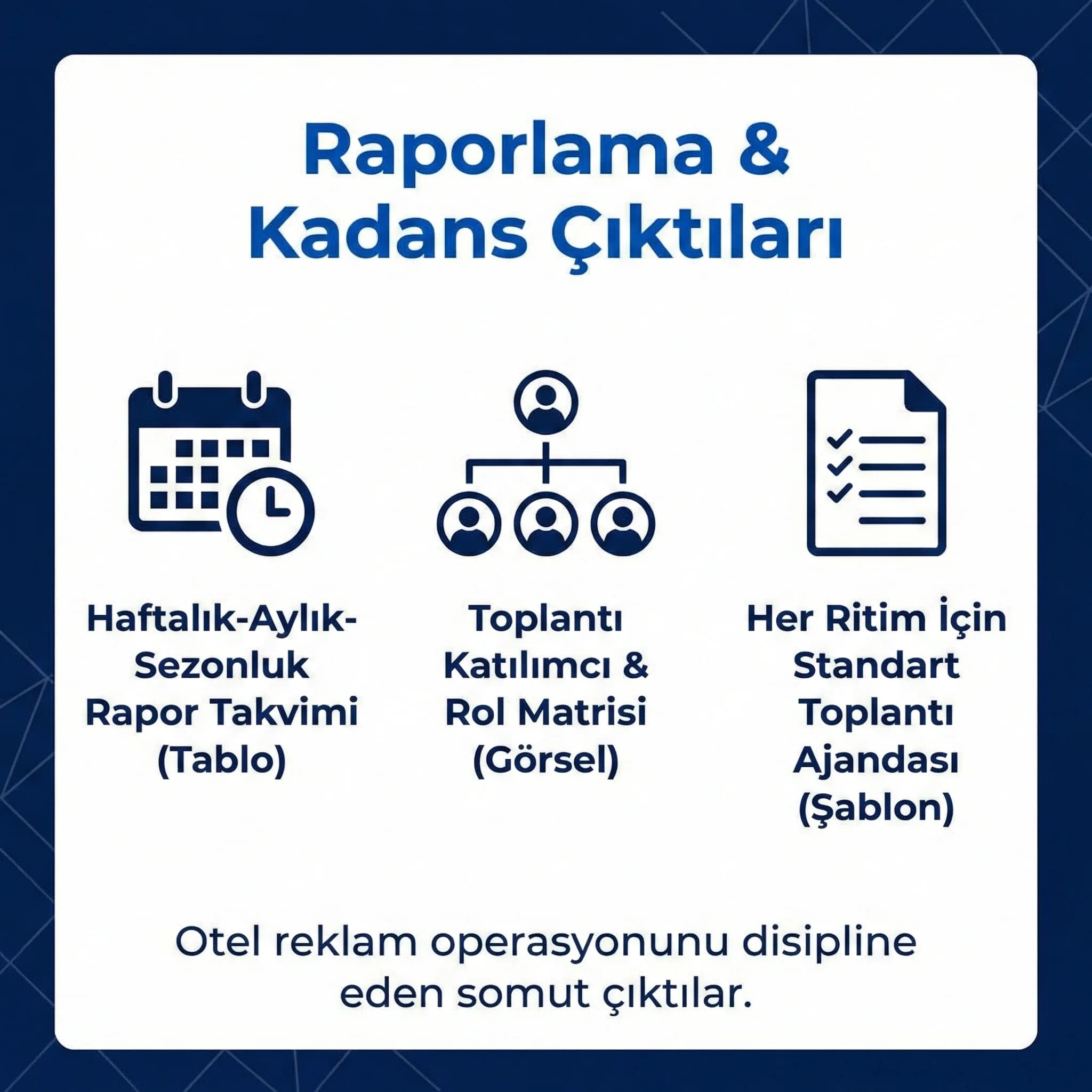 Rapor takvimi ve rol matrisi, otel reklam operasyonunu disipline eder