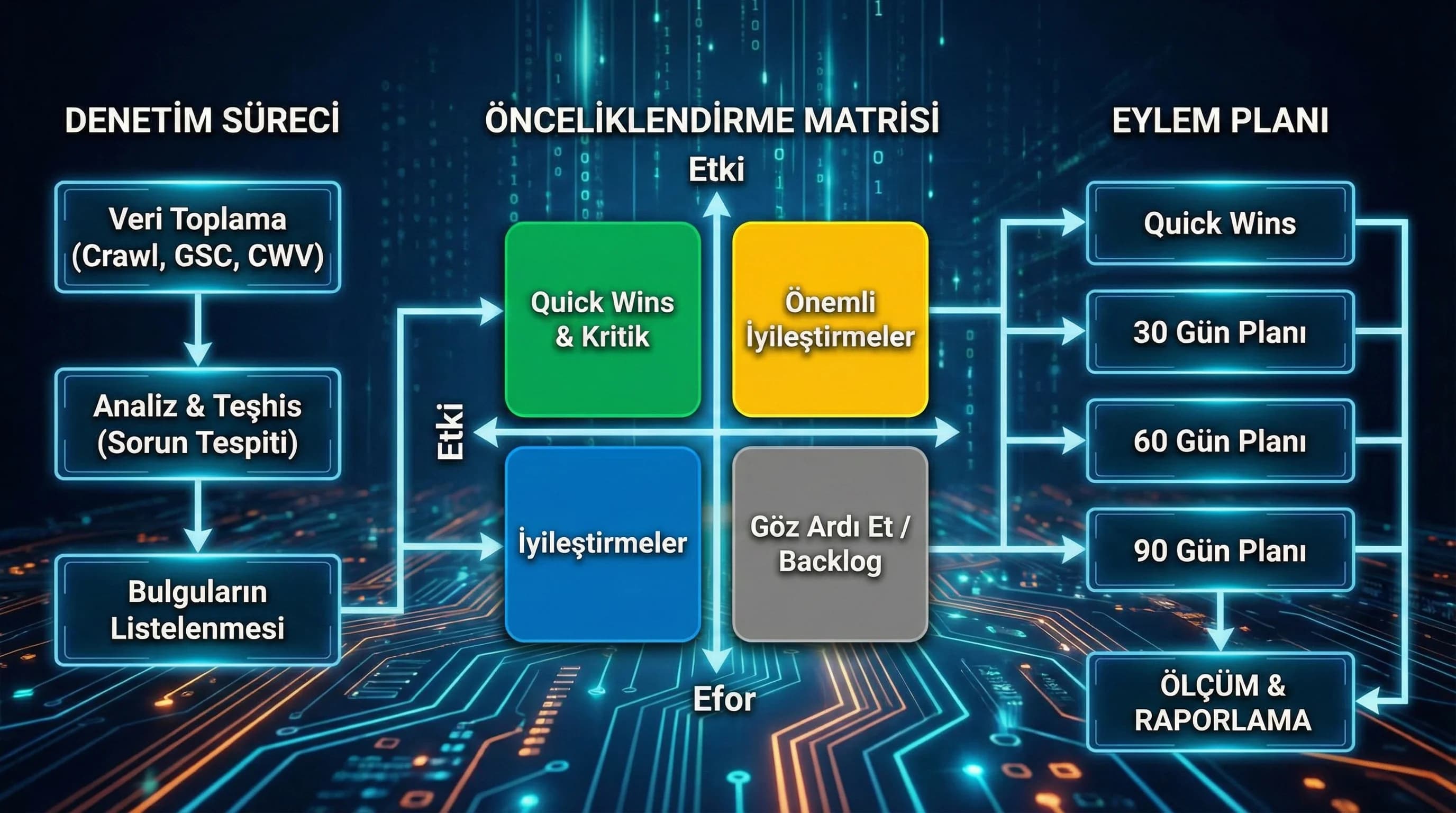 Audit akışı + önceliklendirme matrisi diyagramı