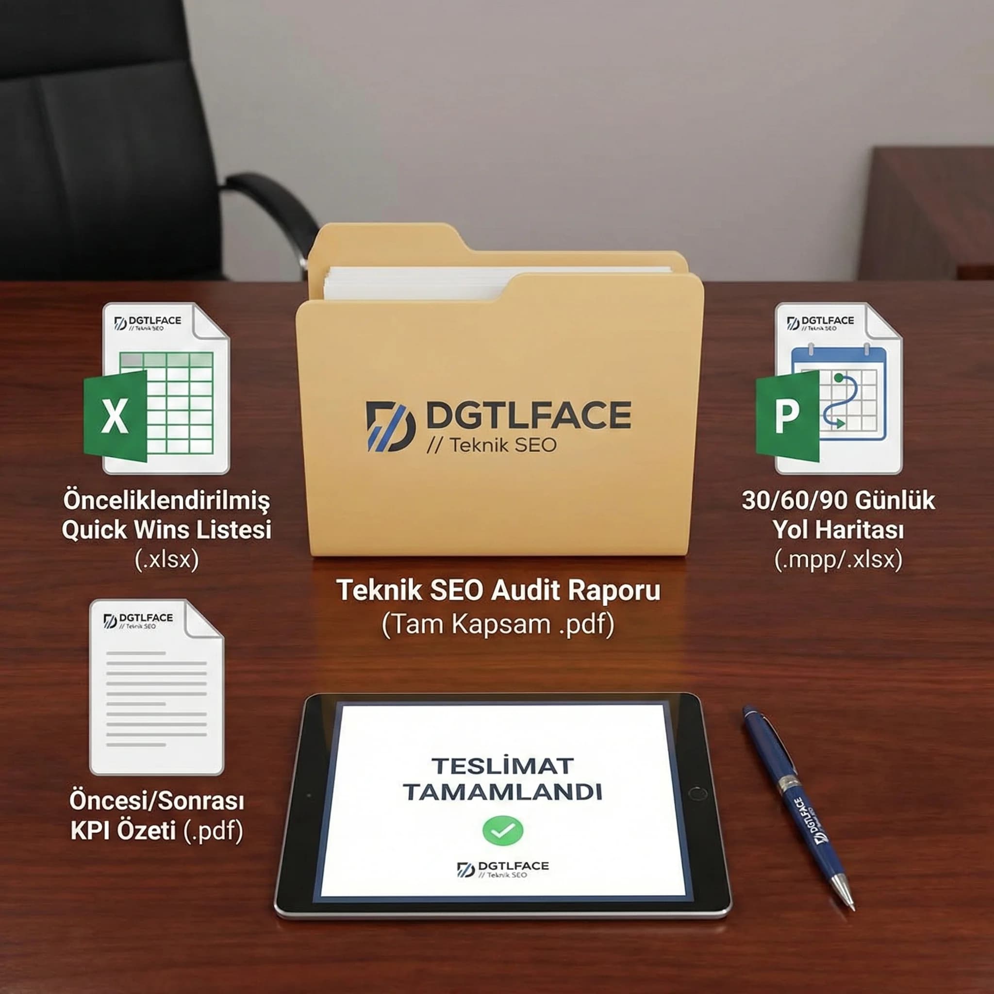 Teslimatlar: audit raporu, quick wins, 30/60/90 planı kartı