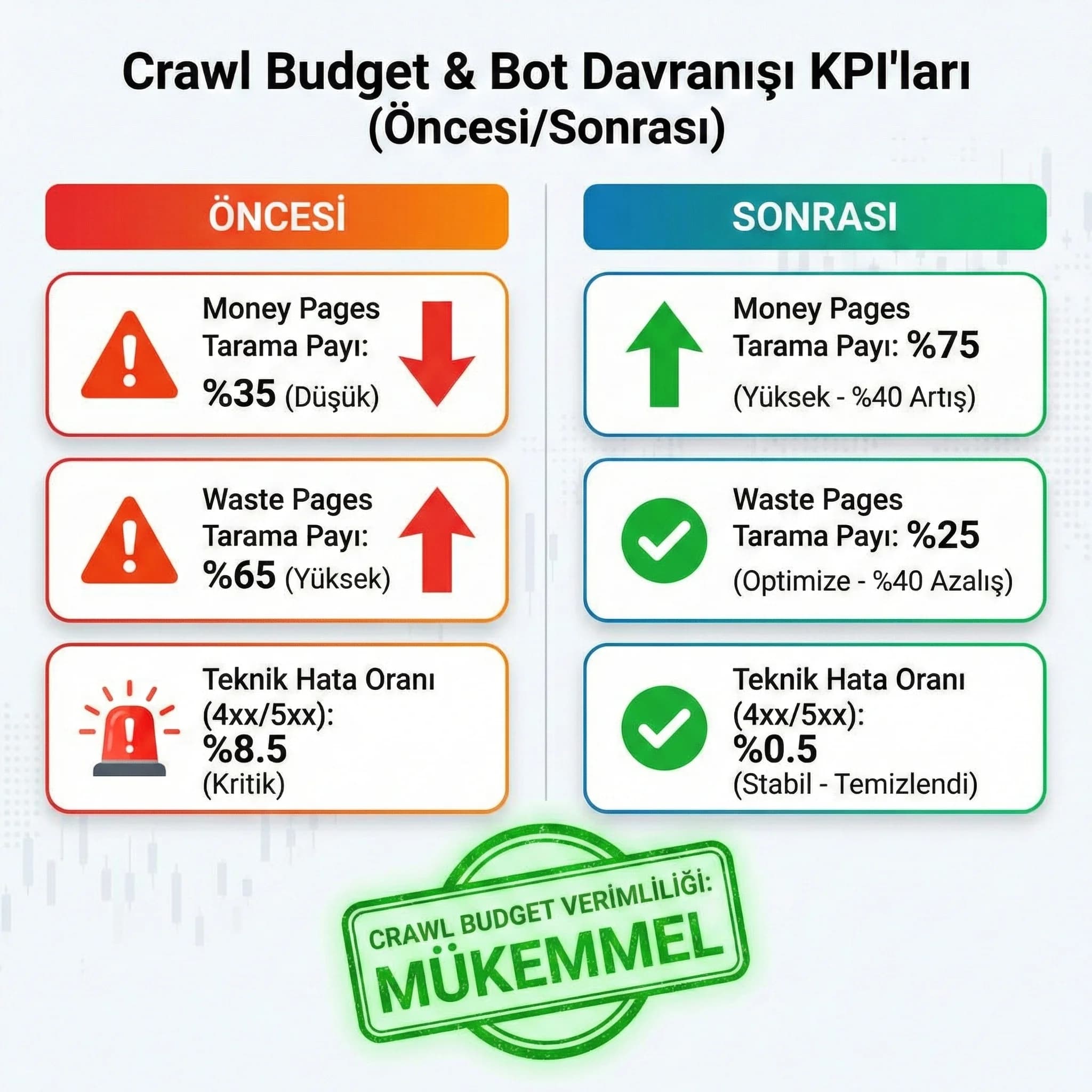 Öncesi/sonrası tarama payı ve hata oranı KPI kartı