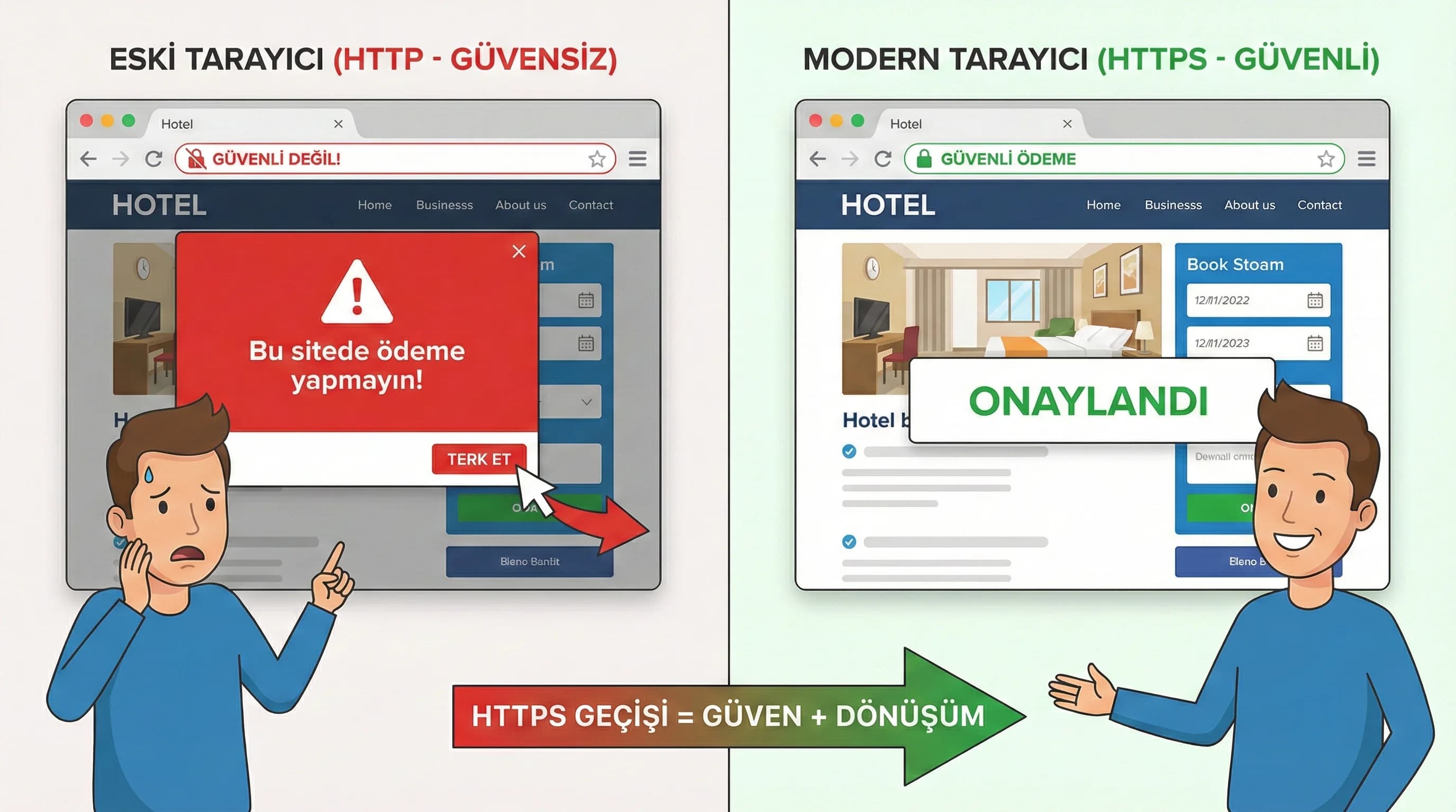 Tarayıcı güven uyarısı ve çözüm bağlamını gösteren görsel