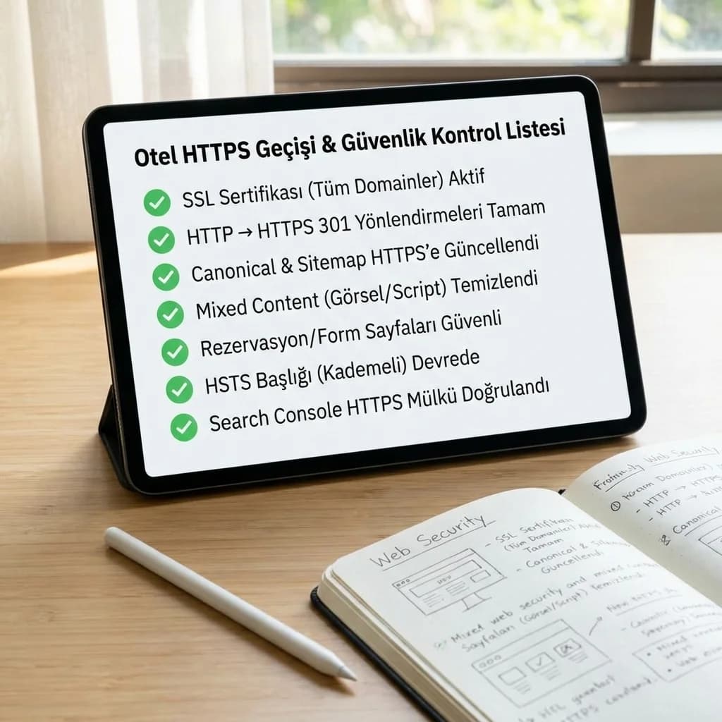 HTTPS geçiş mini checklist kartı, otel sitesi