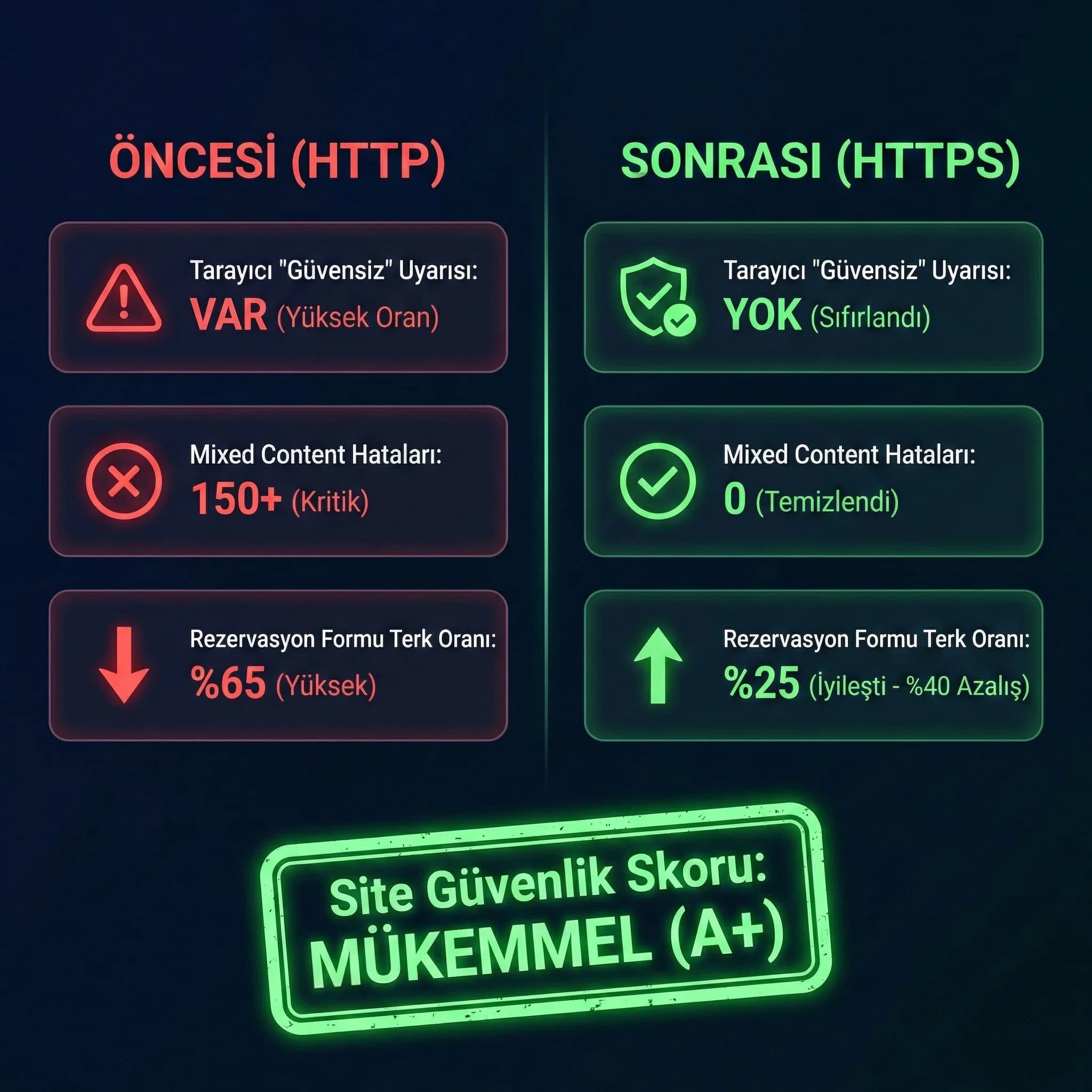 Güven uyarısı azalması ve dönüşüm KPI kartı, otel sitesi