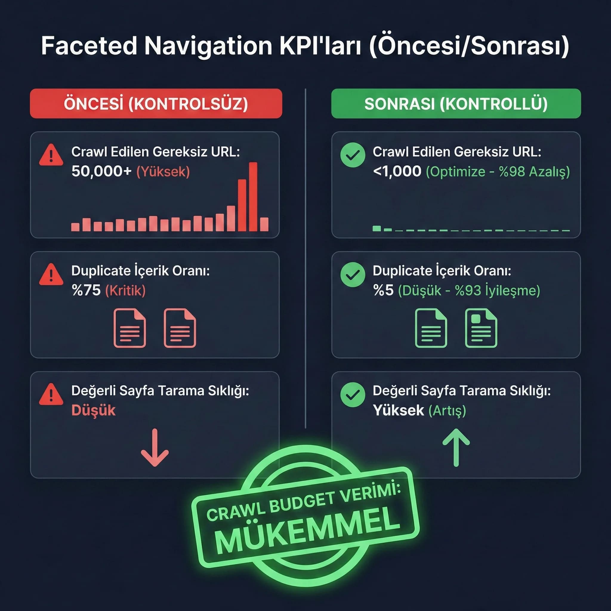 Crawl budget verimi ve duplicate azalışını gösteren KPI kartı