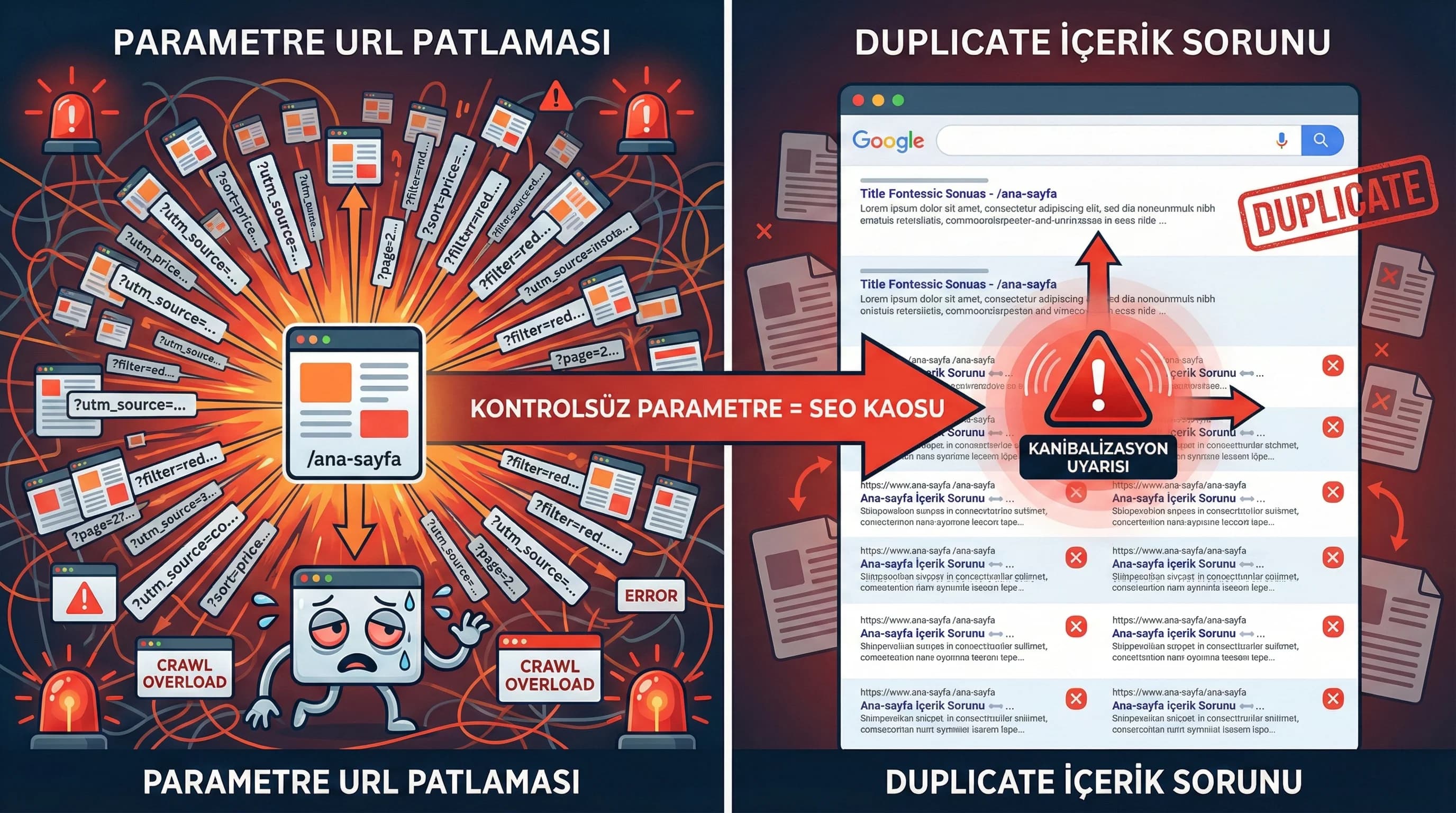 Parametreli URL’lerin duplicate etkisini gösteren bağlam görseli