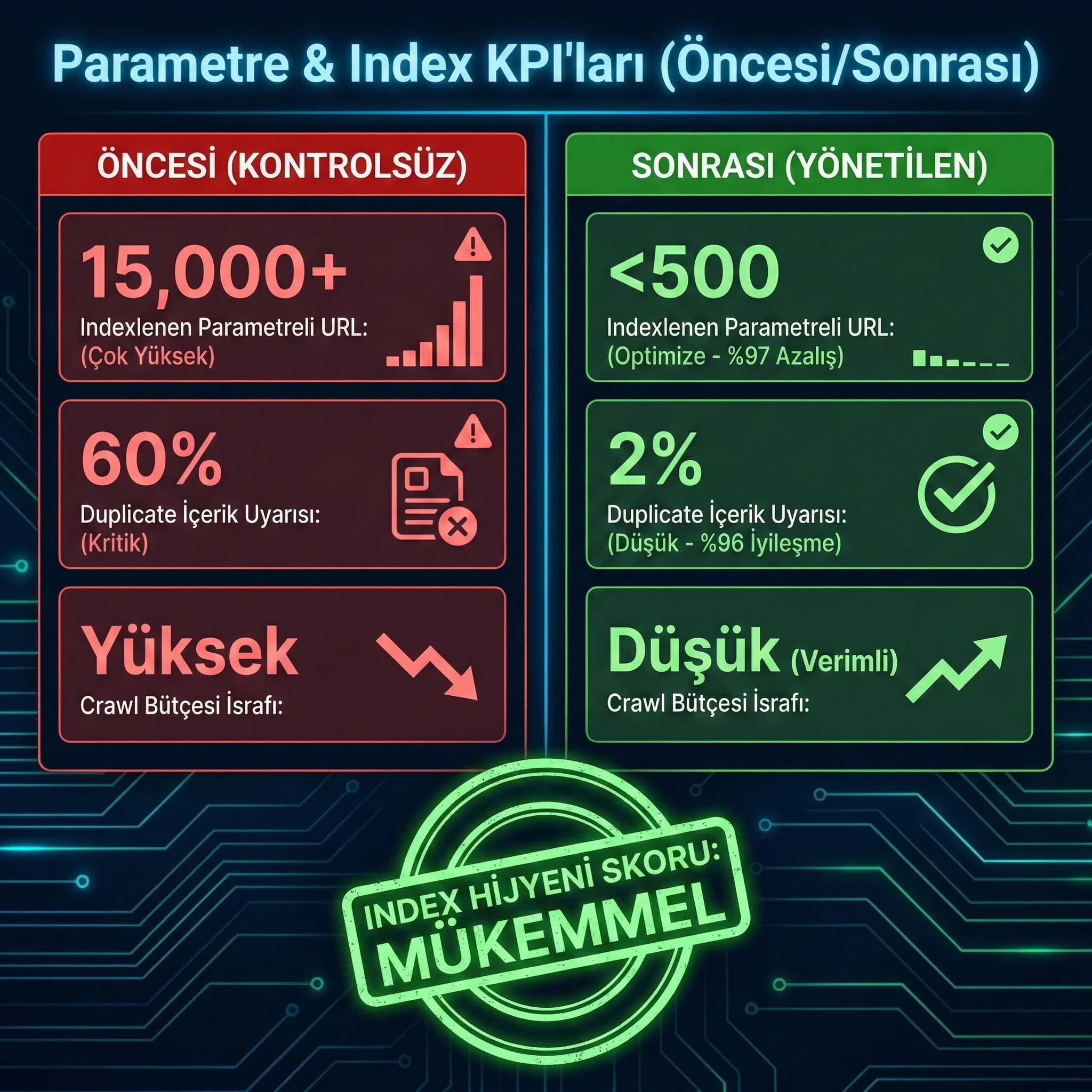 Index seti sadeleşmesi ve crawl verimi KPI kartı