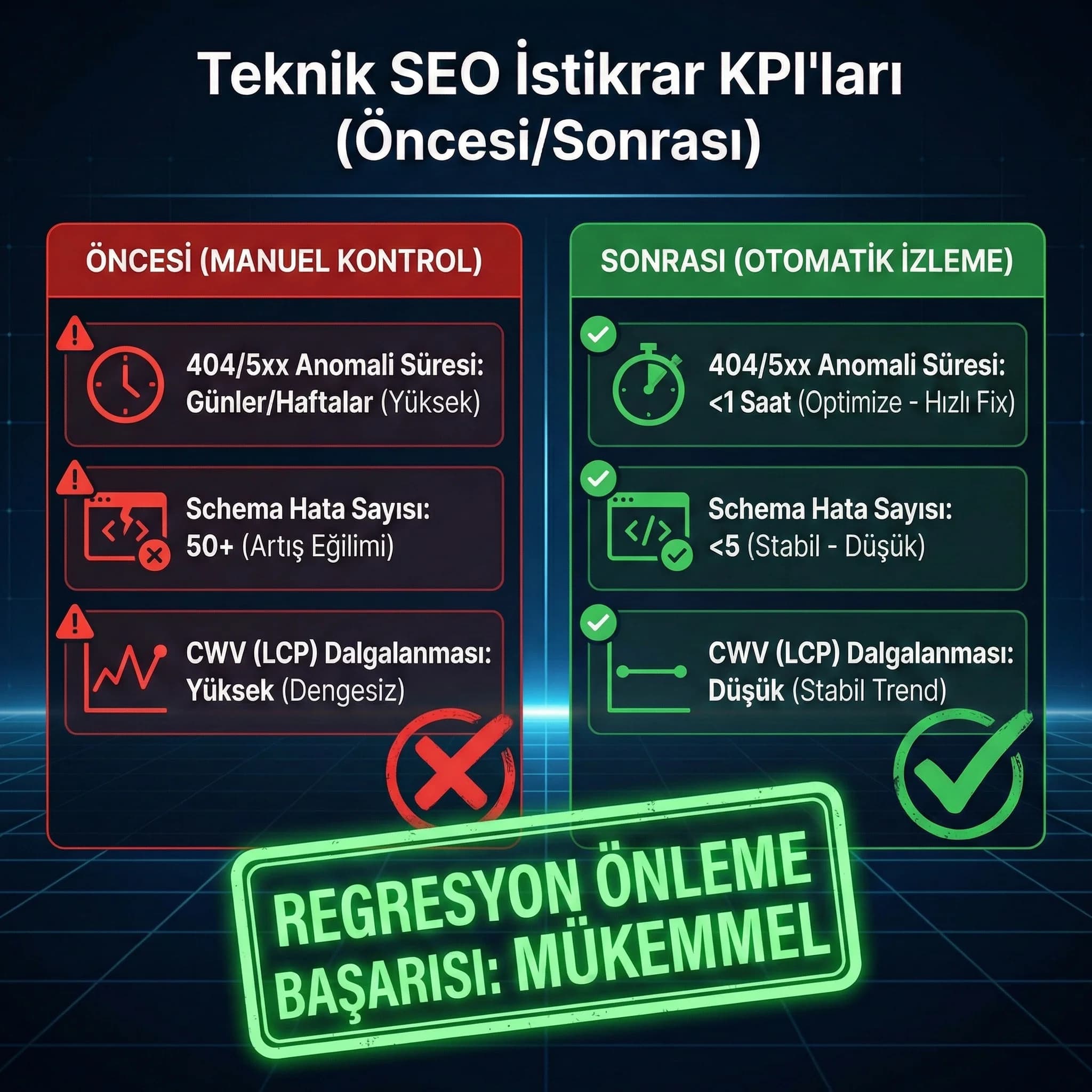 404/5xx, schema, CWV trend KPI kartı